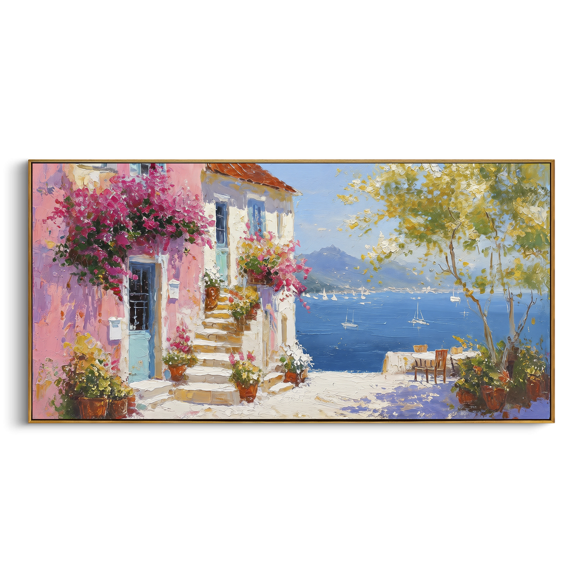 "Colorful Cliff Town Painting" - Modern Heavy Impasto Coastal Landscape | Blue & Orange Palette Knife Painting | Luxury Horizontal Wall Art #PT 1578
