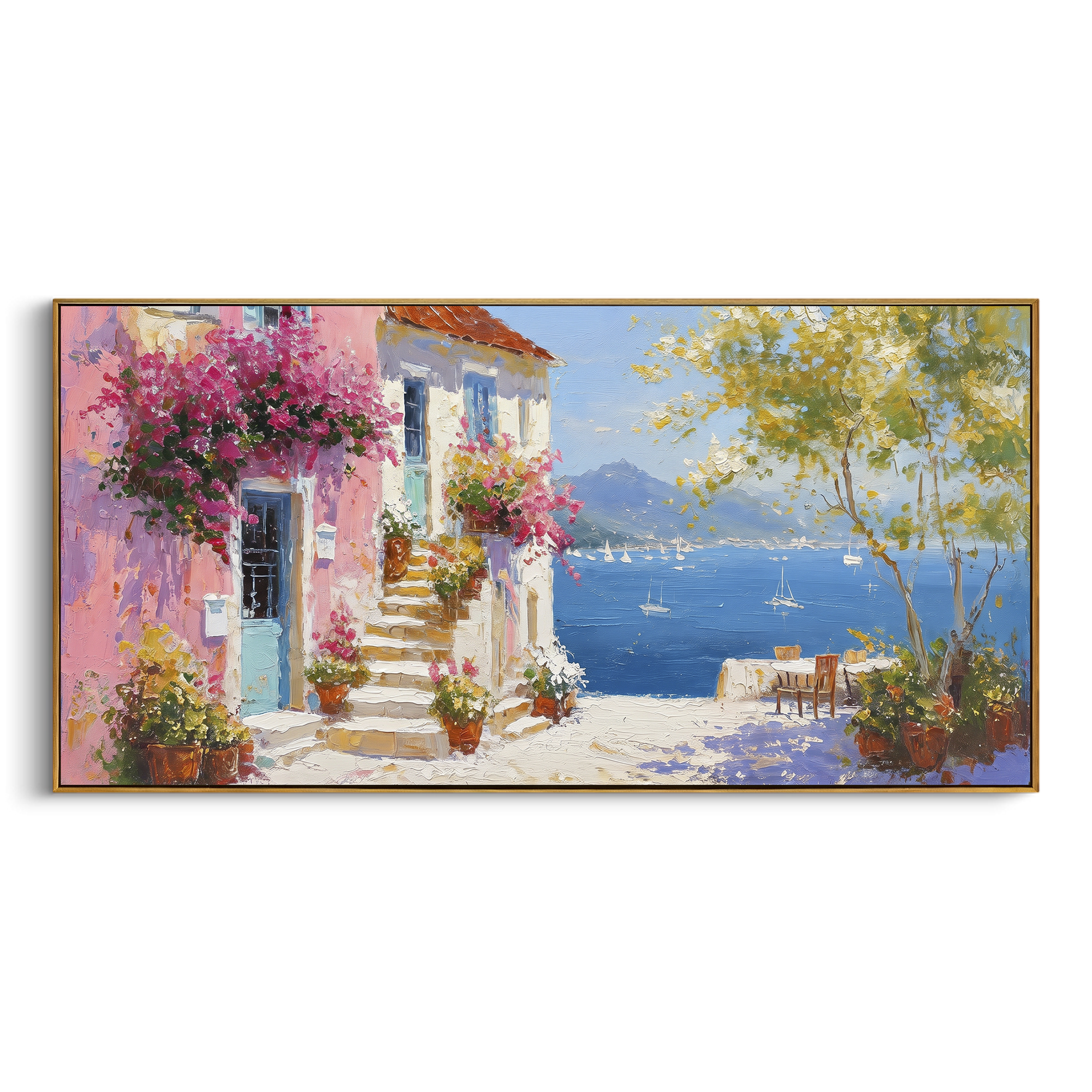 "Colorful Cliff Town Painting" focuses on atmosphere, surface movement, and sculptural heavy impasto craftsmanship rather than a fixed literal storyline. The composition uses this hand-painted Mediterranean canvas features stacked pastel buildings on seaside cliffs, boats below, bright impasto coastal color, built with raised palette-knife texture, layered brushwork, and luminous coastal color as the visual anchor, while layered palette-knife paint, raised plaster-like texture, and softened