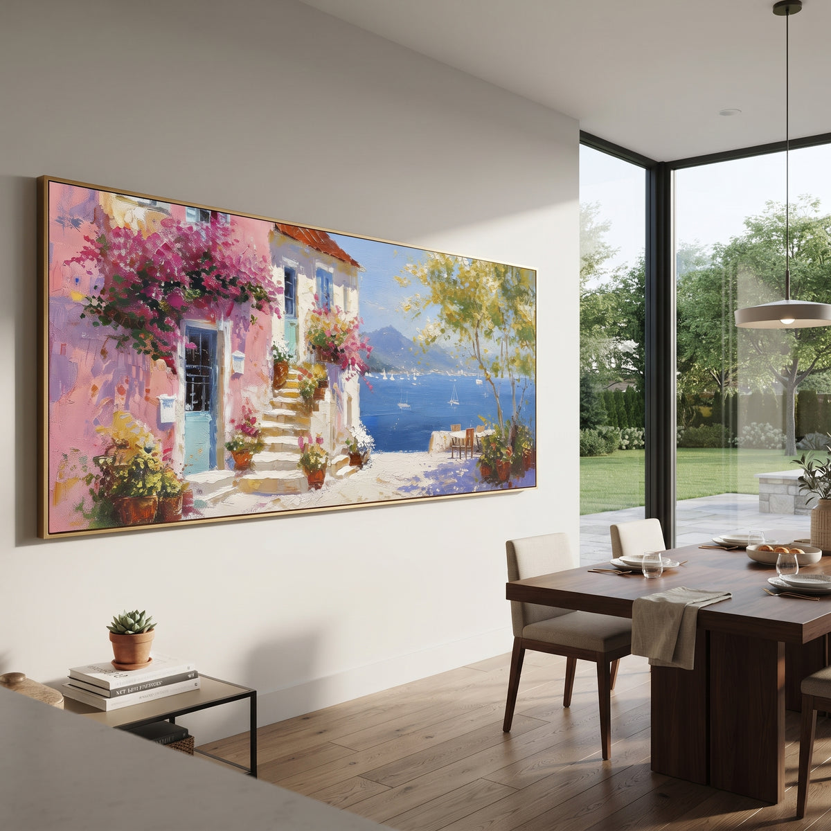 "Colorful Cliff Town Painting" focuses on atmosphere, surface movement, and sculptural heavy impasto craftsmanship rather than a fixed literal storyline. The composition uses this hand-painted Mediterranean canvas features stacked pastel buildings on seaside cliffs, boats below, bright impasto coastal color, built with raised palette-knife texture, layered brushwork, and luminous coastal color as the visual anchor, while layered palette-knife paint, raised plaster-like texture, and softened