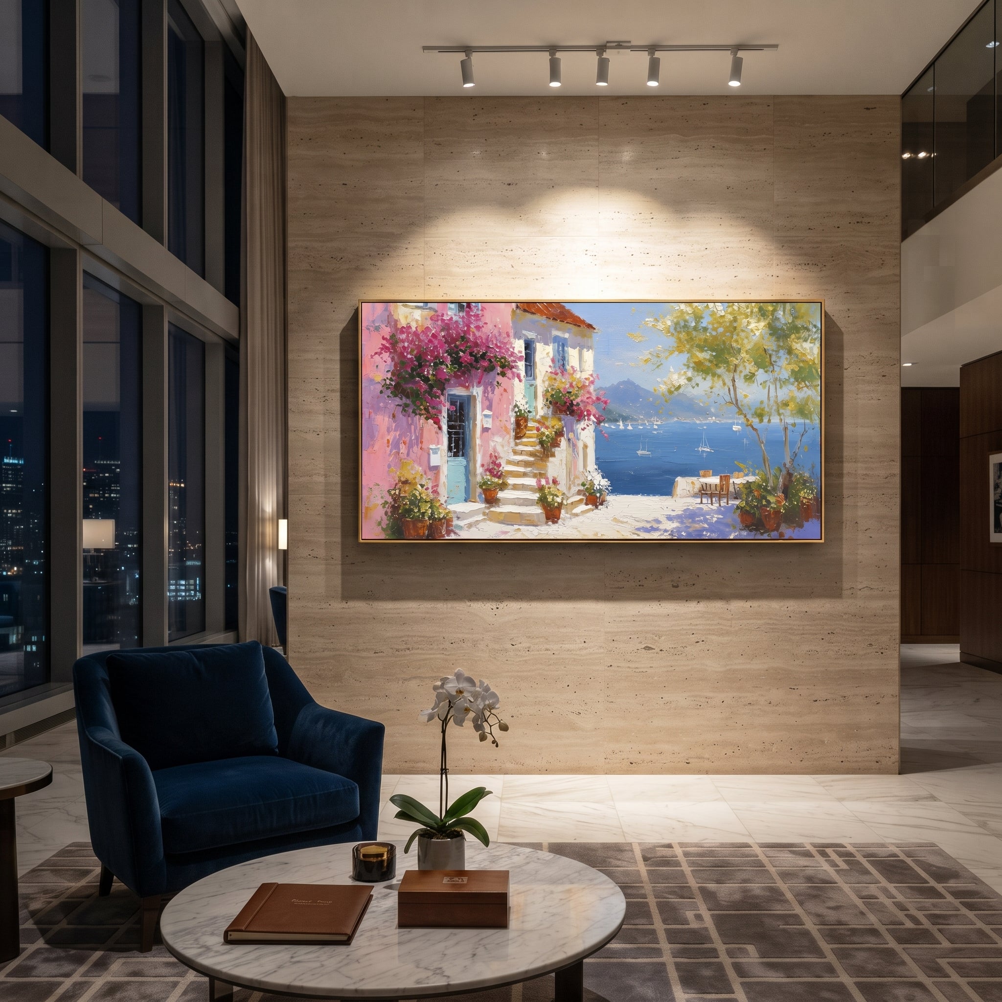 "Colorful Cliff Town Painting" focuses on atmosphere, surface movement, and sculptural heavy impasto craftsmanship rather than a fixed literal storyline. The composition uses this hand-painted Mediterranean canvas features stacked pastel buildings on seaside cliffs, boats below, bright impasto coastal color, built with raised palette-knife texture, layered brushwork, and luminous coastal color as the visual anchor, while layered palette-knife paint, raised plaster-like texture, and softened