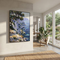 "Coastal Garden with Sails Painting" focuses on atmosphere, surface movement, and sculptural heavy impasto craftsmanship rather than a fixed literal storyline. The composition uses this hand-painted Mediterranean canvas features sailboats on a blue bay, flowering terrace, coastal town and luminous summer sky, built with raised palette-knife texture, layered brushwork, and luminous coastal color as the visual anchor, while layered palette-knife paint, raised plaster-like texture, and softened