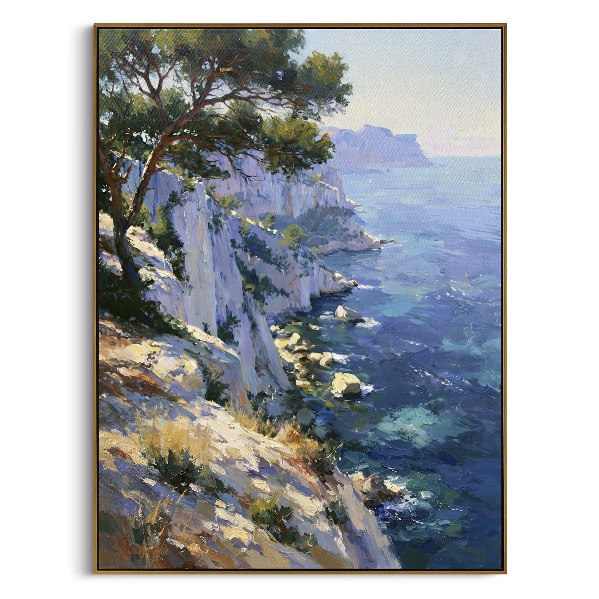 "Coastal Garden with Sails Painting" focuses on atmosphere, surface movement, and sculptural heavy impasto craftsmanship rather than a fixed literal storyline. The composition uses this hand-painted Mediterranean canvas features sailboats on a blue bay, flowering terrace, coastal town and luminous summer sky, built with raised palette-knife texture, layered brushwork, and luminous coastal color as the visual anchor, while layered palette-knife paint, raised plaster-like texture, and softened