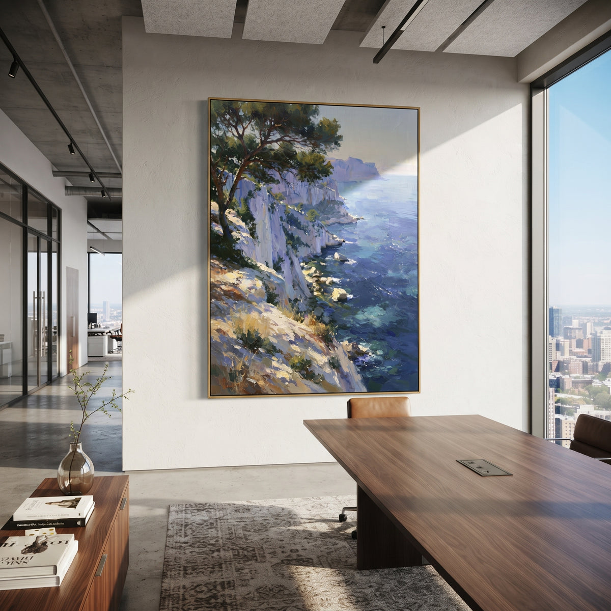 "Coastal Garden with Sails Painting" focuses on atmosphere, surface movement, and sculptural heavy impasto craftsmanship rather than a fixed literal storyline. The composition uses this hand-painted Mediterranean canvas features sailboats on a blue bay, flowering terrace, coastal town and luminous summer sky, built with raised palette-knife texture, layered brushwork, and luminous coastal color as the visual anchor, while layered palette-knife paint, raised plaster-like texture, and softened