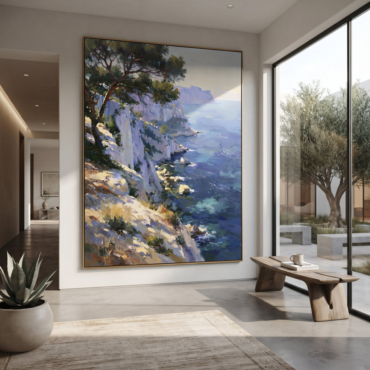 "Coastal Garden with Sails Painting" focuses on atmosphere, surface movement, and sculptural heavy impasto craftsmanship rather than a fixed literal storyline. The composition uses this hand-painted Mediterranean canvas features sailboats on a blue bay, flowering terrace, coastal town and luminous summer sky, built with raised palette-knife texture, layered brushwork, and luminous coastal color as the visual anchor, while layered palette-knife paint, raised plaster-like texture, and softened