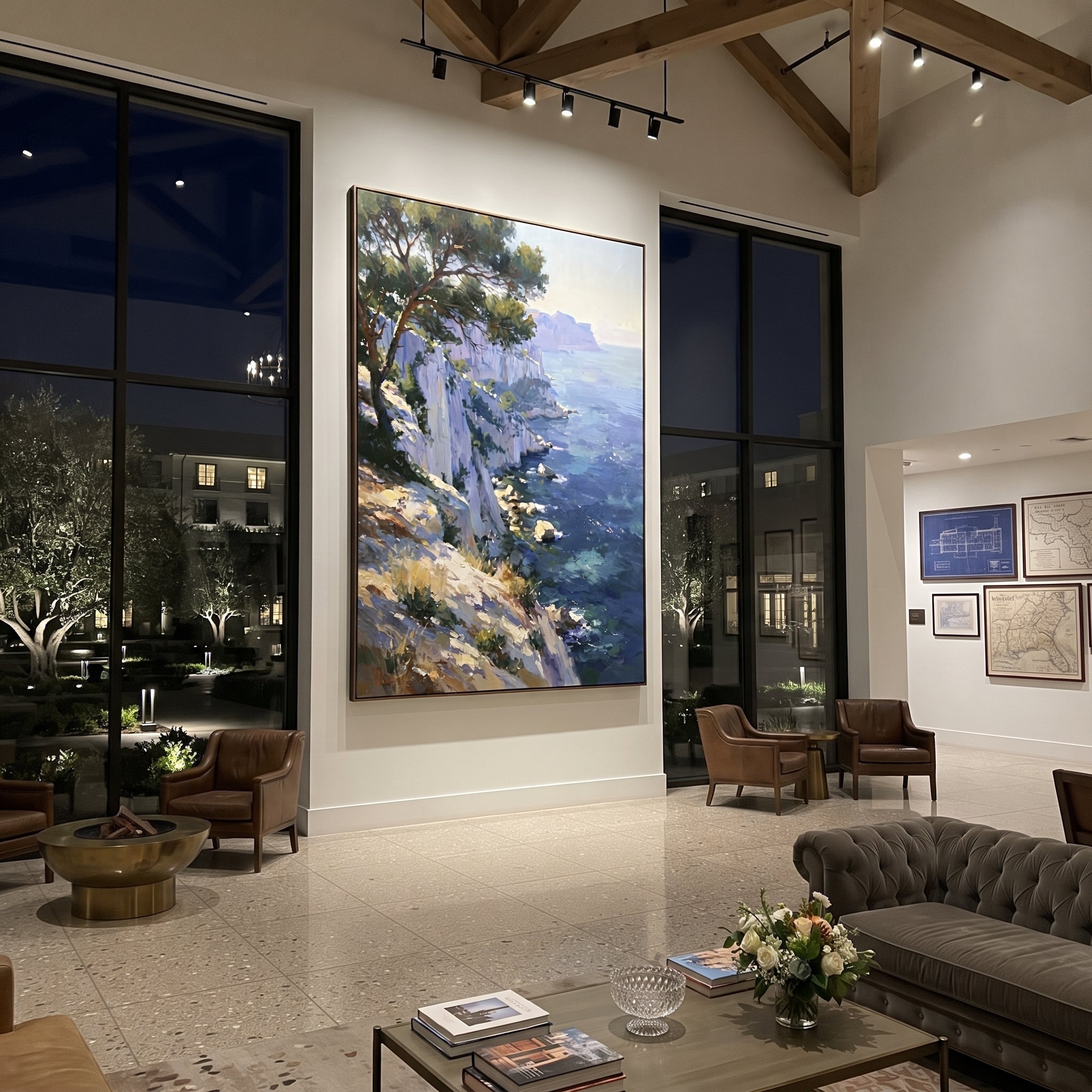 "Coastal Garden with Sails Painting" focuses on atmosphere, surface movement, and sculptural heavy impasto craftsmanship rather than a fixed literal storyline. The composition uses this hand-painted Mediterranean canvas features sailboats on a blue bay, flowering terrace, coastal town and luminous summer sky, built with raised palette-knife texture, layered brushwork, and luminous coastal color as the visual anchor, while layered palette-knife paint, raised plaster-like texture, and softened
