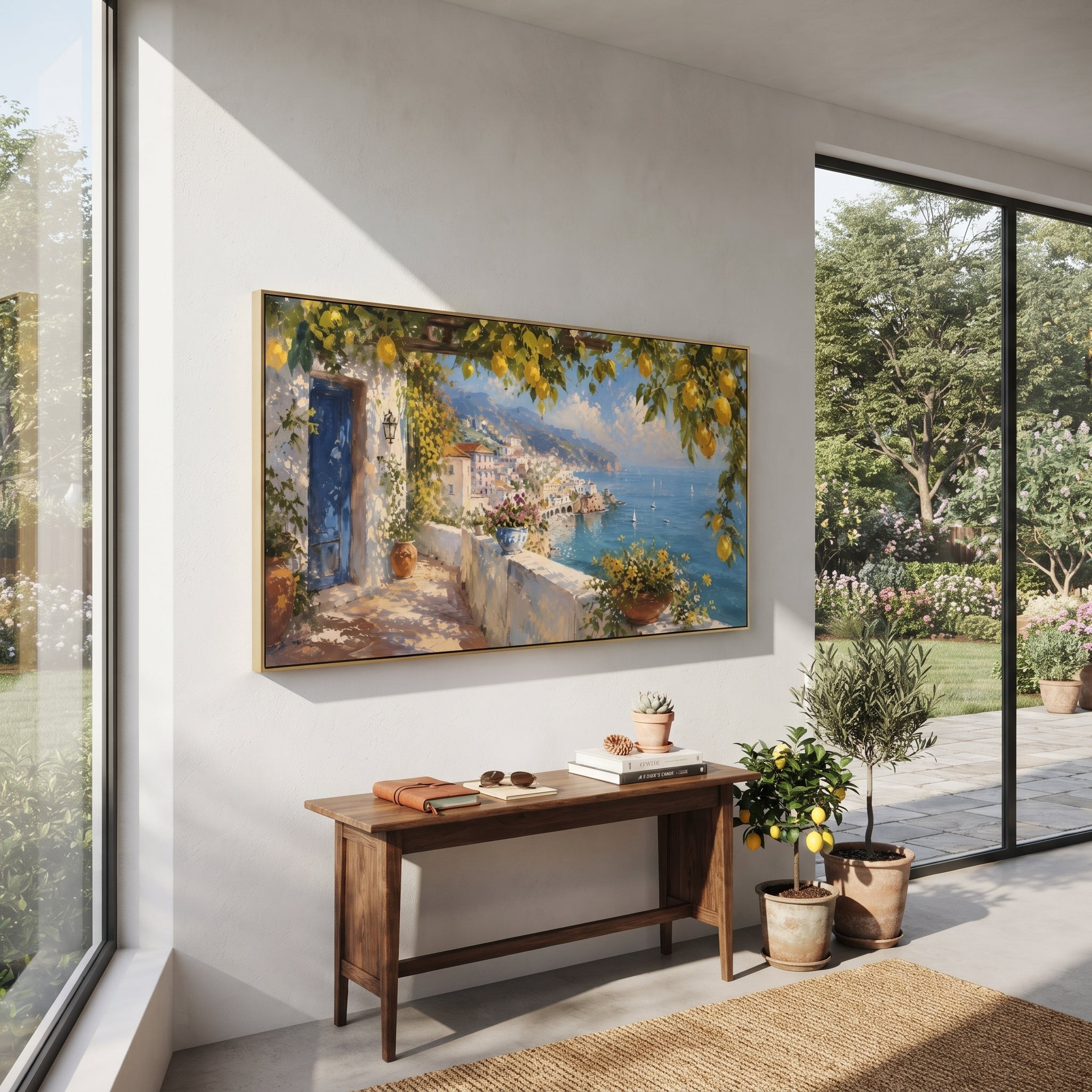 "Blue Shutters Lemon Painting" focuses on atmosphere, surface movement, and sculptural heavy impasto craftsmanship rather than a fixed literal storyline. The composition uses this hand-painted Mediterranean canvas features open blue shutters, lemon branches, calm sea view, bright white wall and terrace light, built with raised palette-knife texture, layered brushwork, and luminous coastal color as the visual anchor, while layered palette-knife paint, raised plaster-like texture, and softened