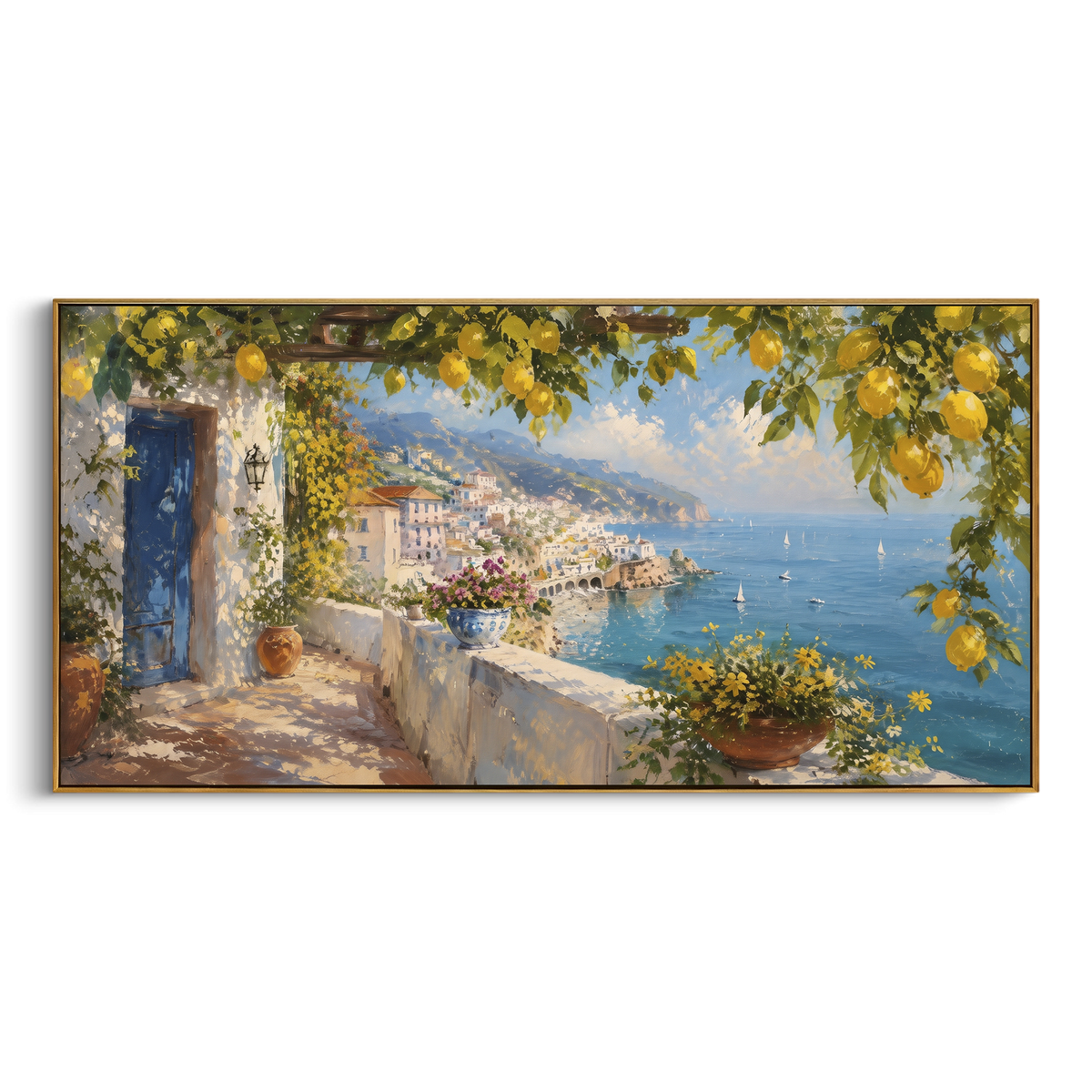 "Blue Shutters Lemon Painting" - Modern Heavy Impasto Coastal Landscape | Blue & Yellow Palette Knife Painting | Luxury Horizontal Wall Art #PT 1580