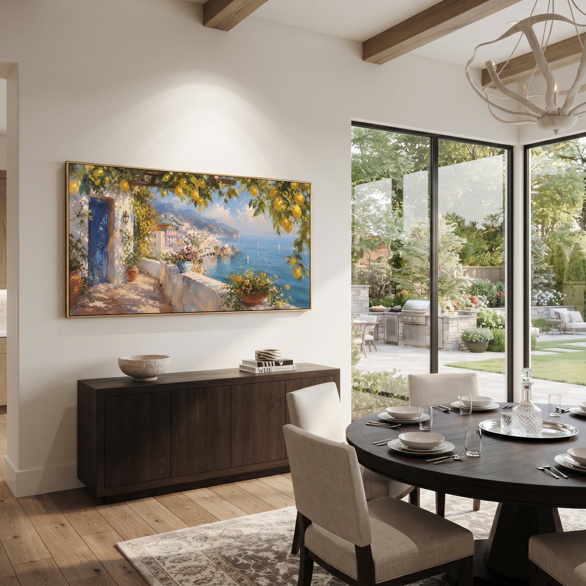 "Blue Shutters Lemon Painting" focuses on atmosphere, surface movement, and sculptural heavy impasto craftsmanship rather than a fixed literal storyline. The composition uses this hand-painted Mediterranean canvas features open blue shutters, lemon branches, calm sea view, bright white wall and terrace light, built with raised palette-knife texture, layered brushwork, and luminous coastal color as the visual anchor, while layered palette-knife paint, raised plaster-like texture, and softened