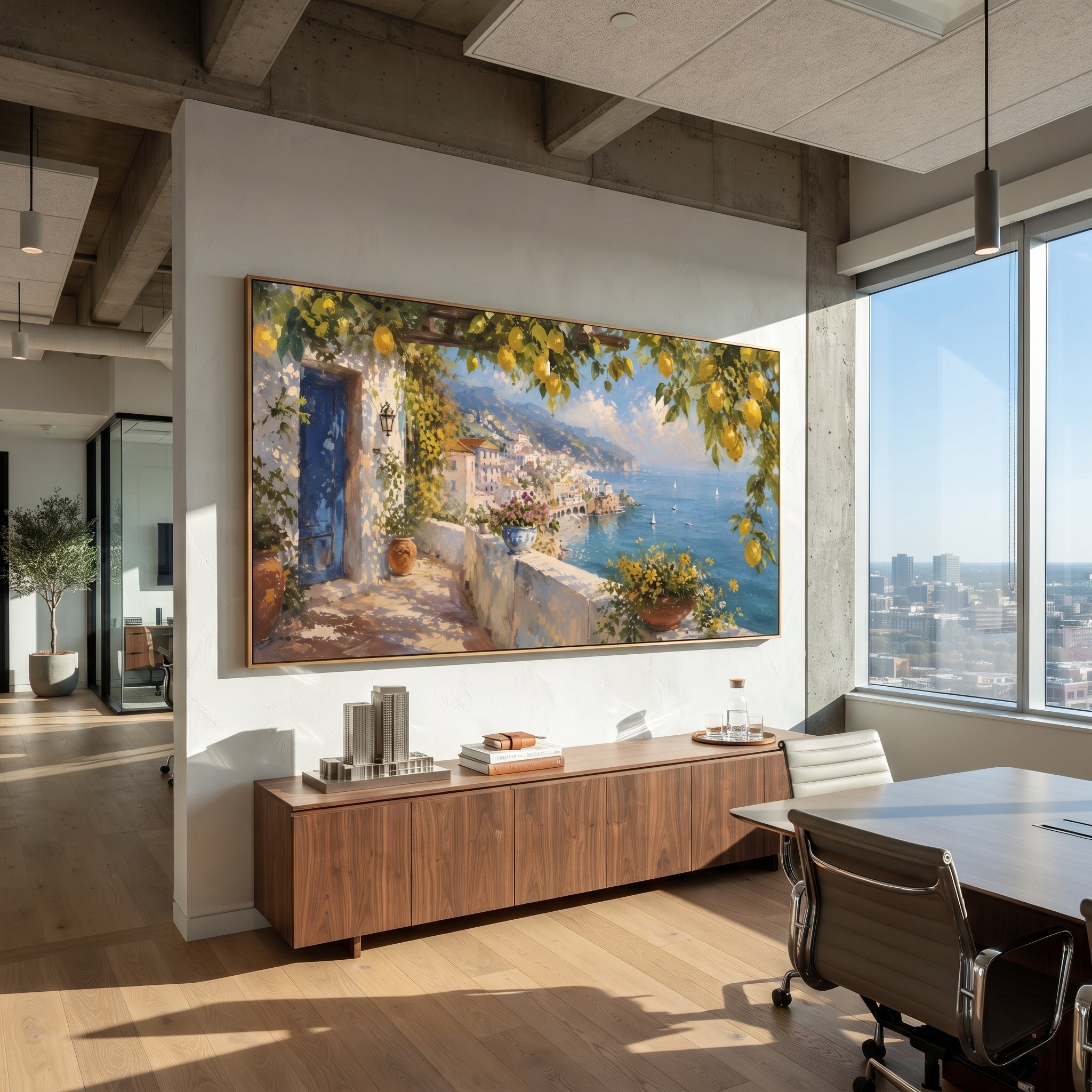 "Blue Shutters Lemon Painting" focuses on atmosphere, surface movement, and sculptural heavy impasto craftsmanship rather than a fixed literal storyline. The composition uses this hand-painted Mediterranean canvas features open blue shutters, lemon branches, calm sea view, bright white wall and terrace light, built with raised palette-knife texture, layered brushwork, and luminous coastal color as the visual anchor, while layered palette-knife paint, raised plaster-like texture, and softened