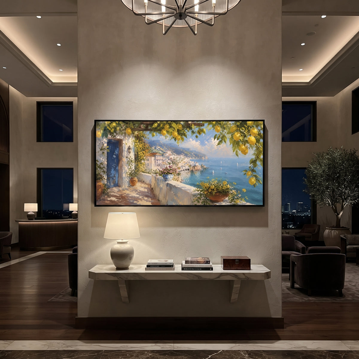 "Blue Shutters Lemon Painting" focuses on atmosphere, surface movement, and sculptural heavy impasto craftsmanship rather than a fixed literal storyline. The composition uses this hand-painted Mediterranean canvas features open blue shutters, lemon branches, calm sea view, bright white wall and terrace light, built with raised palette-knife texture, layered brushwork, and luminous coastal color as the visual anchor, while layered palette-knife paint, raised plaster-like texture, and softened