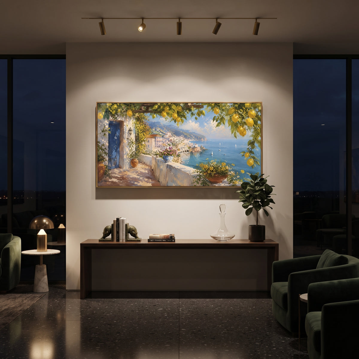 "Blue Shutters Lemon Painting" focuses on atmosphere, surface movement, and sculptural heavy impasto craftsmanship rather than a fixed literal storyline. The composition uses this hand-painted Mediterranean canvas features open blue shutters, lemon branches, calm sea view, bright white wall and terrace light, built with raised palette-knife texture, layered brushwork, and luminous coastal color as the visual anchor, while layered palette-knife paint, raised plaster-like texture, and softened
