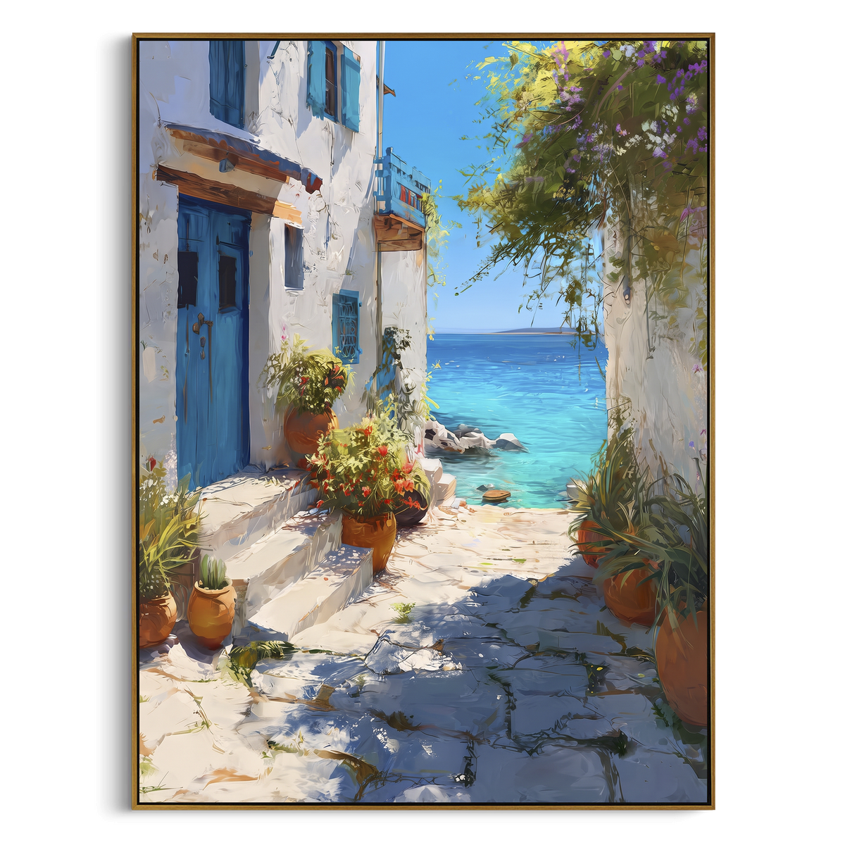 "White Alley Bougainvillea Painting" - Modern Heavy Impasto Coastal Landscape | White & Blue Palette Knife Painting | Luxury Vertical Wall Art #PT 1581