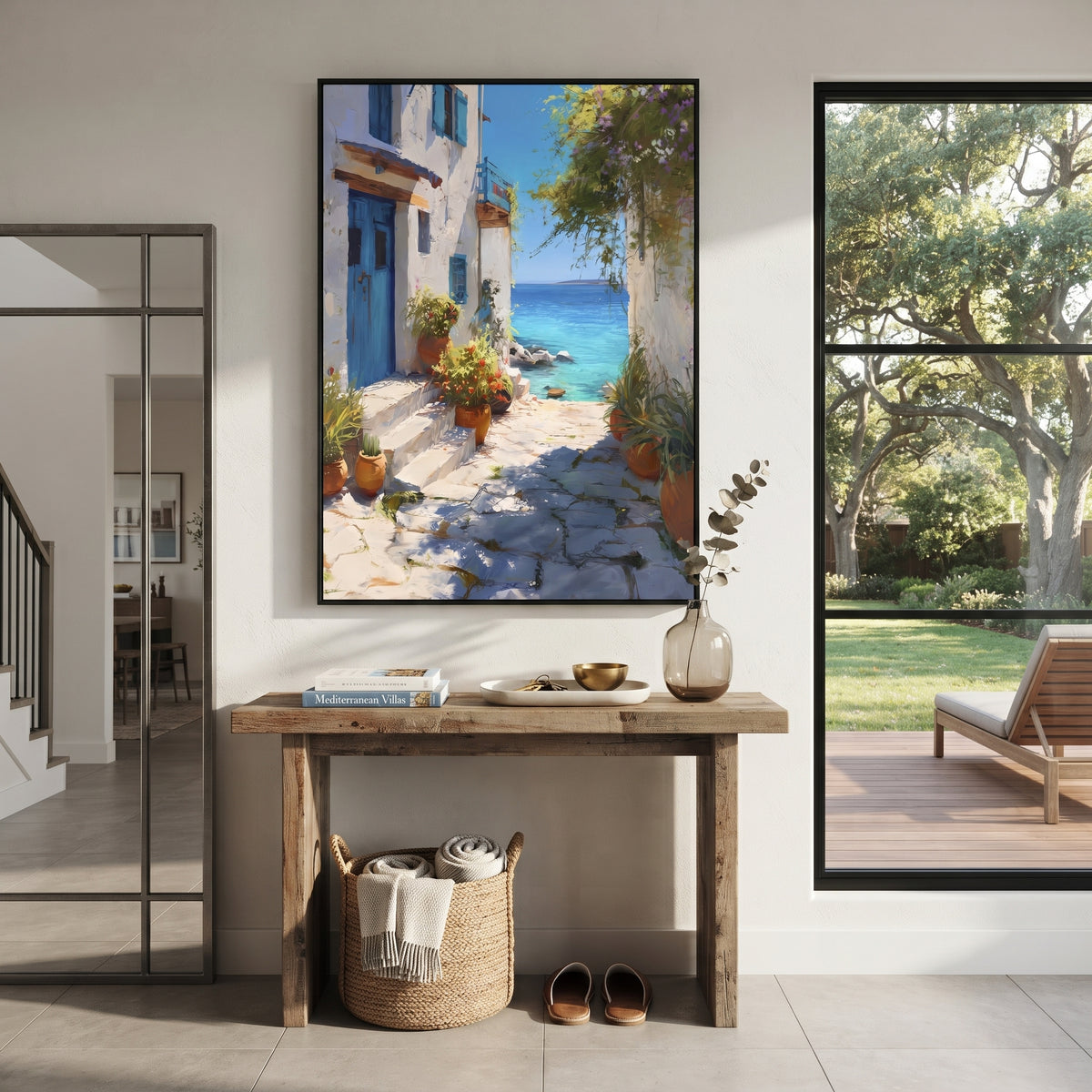 "White Alley Bougainvillea Painting" focuses on atmosphere, surface movement, and sculptural heavy impasto craftsmanship rather than a fixed literal storyline. The composition uses this hand-painted Mediterranean canvas features whitewashed stone lane, cascading pink bougainvillea, blue sea opening, sunlit village walls, built with raised palette-knife texture, layered brushwork, and luminous coastal color as the visual anchor, while layered palette-knife paint, raised plaster-like texture, and