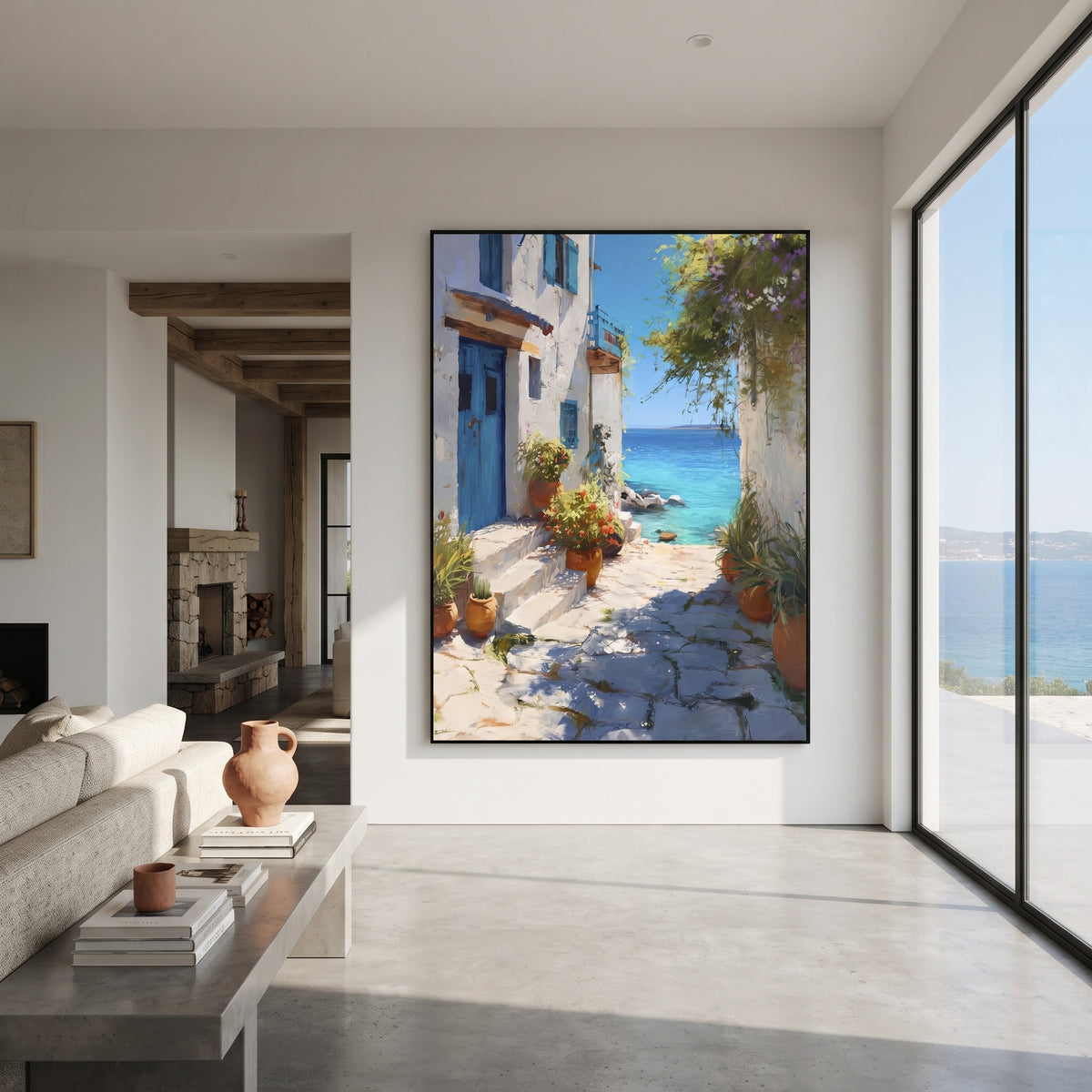 "White Alley Bougainvillea Painting" focuses on atmosphere, surface movement, and sculptural heavy impasto craftsmanship rather than a fixed literal storyline. The composition uses this hand-painted Mediterranean canvas features whitewashed stone lane, cascading pink bougainvillea, blue sea opening, sunlit village walls, built with raised palette-knife texture, layered brushwork, and luminous coastal color as the visual anchor, while layered palette-knife paint, raised plaster-like texture, and