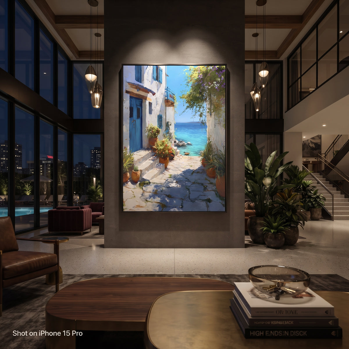 "White Alley Bougainvillea Painting" focuses on atmosphere, surface movement, and sculptural heavy impasto craftsmanship rather than a fixed literal storyline. The composition uses this hand-painted Mediterranean canvas features whitewashed stone lane, cascading pink bougainvillea, blue sea opening, sunlit village walls, built with raised palette-knife texture, layered brushwork, and luminous coastal color as the visual anchor, while layered palette-knife paint, raised plaster-like texture, and