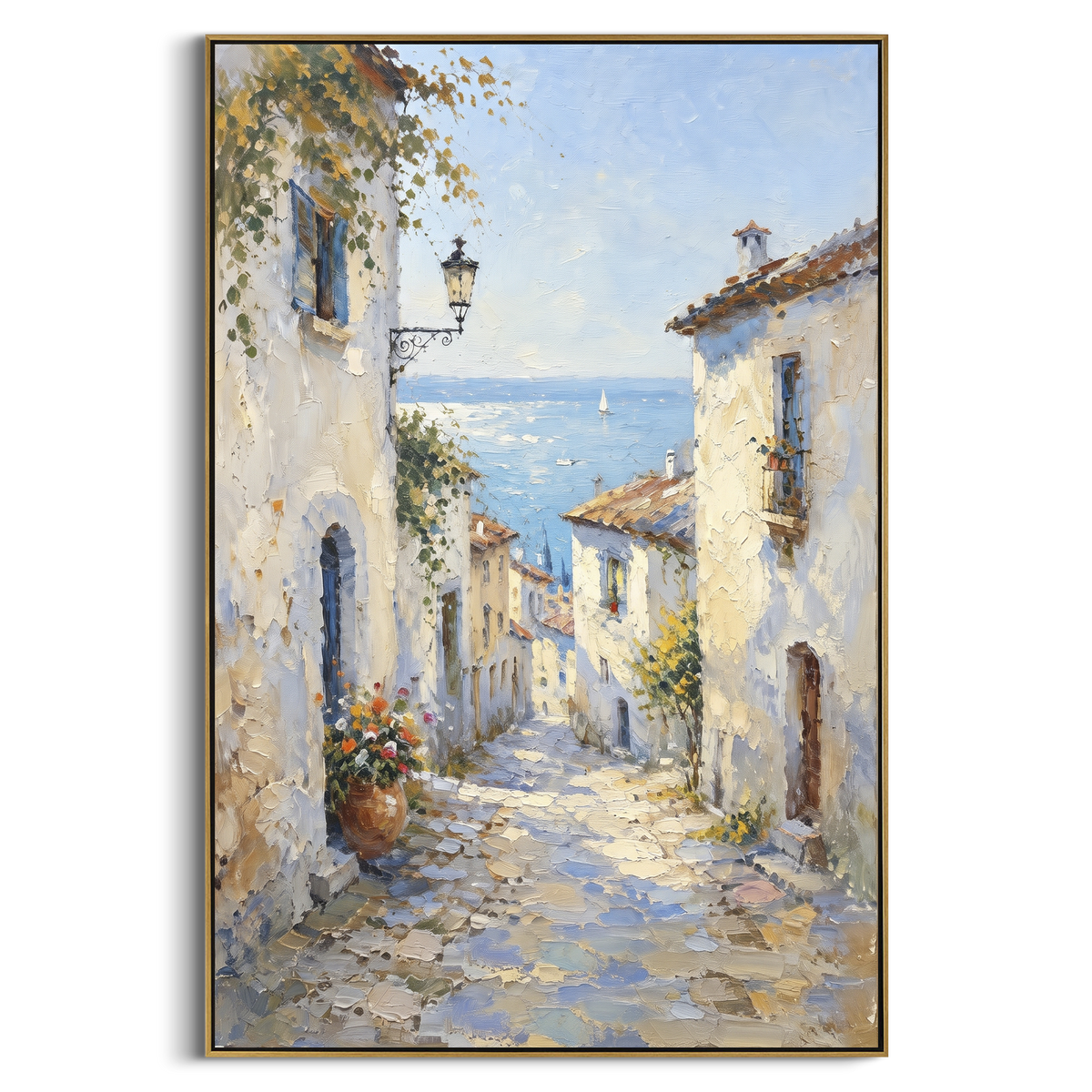 "Blue Cliffside Bay Painting" focuses on atmosphere, surface movement, and sculptural heavy impasto craftsmanship rather than a fixed literal storyline. The composition uses this hand-painted Mediterranean canvas features steep coastal cliffs, hillside village, deep blue water, floral foreground, textured sky, built with raised palette-knife texture, layered brushwork, and luminous coastal color as the visual anchor, while layered palette-knife paint, raised plaster-like texture, and softened