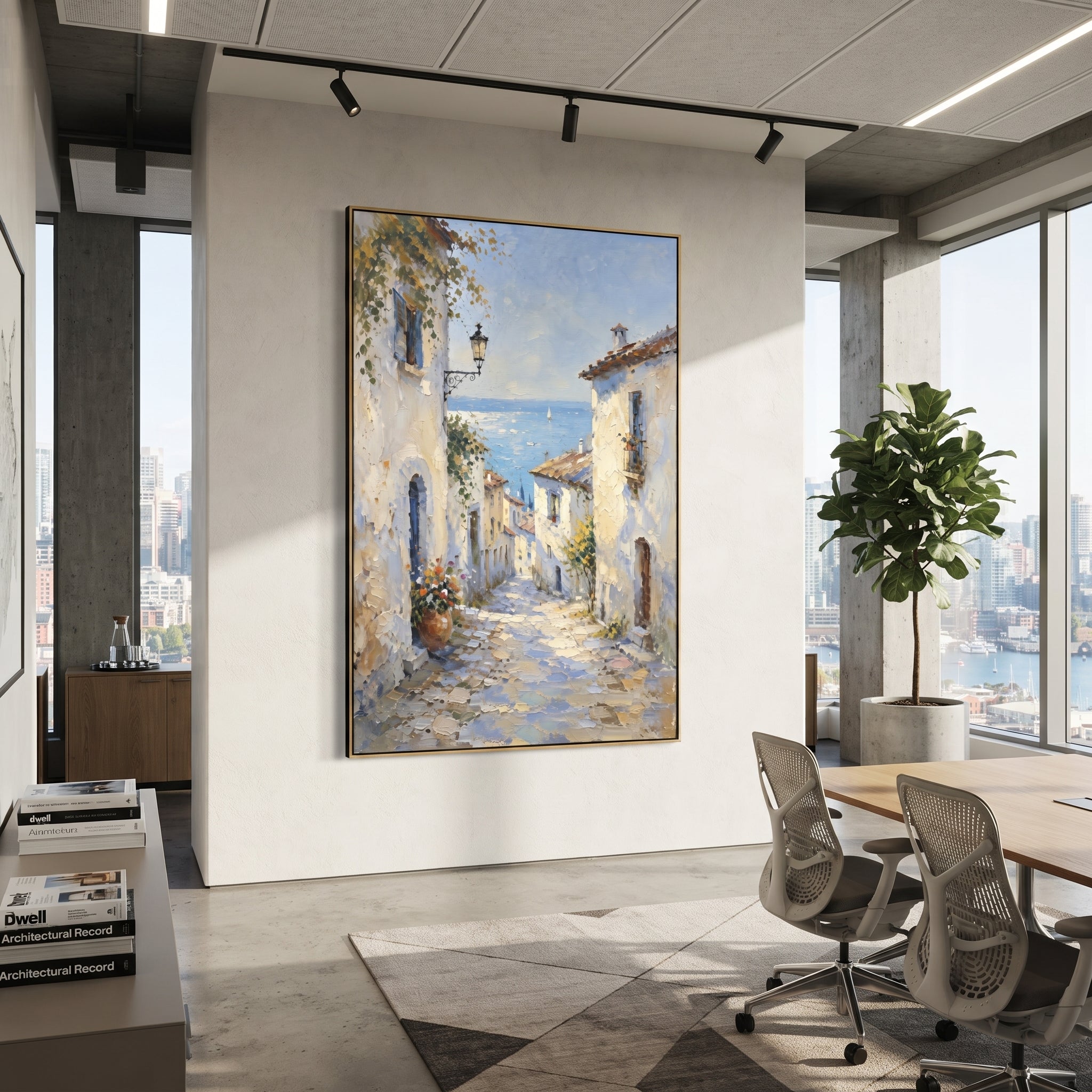 "Blue Cliffside Bay Painting" focuses on atmosphere, surface movement, and sculptural heavy impasto craftsmanship rather than a fixed literal storyline. The composition uses this hand-painted Mediterranean canvas features steep coastal cliffs, hillside village, deep blue water, floral foreground, textured sky, built with raised palette-knife texture, layered brushwork, and luminous coastal color as the visual anchor, while layered palette-knife paint, raised plaster-like texture, and softened