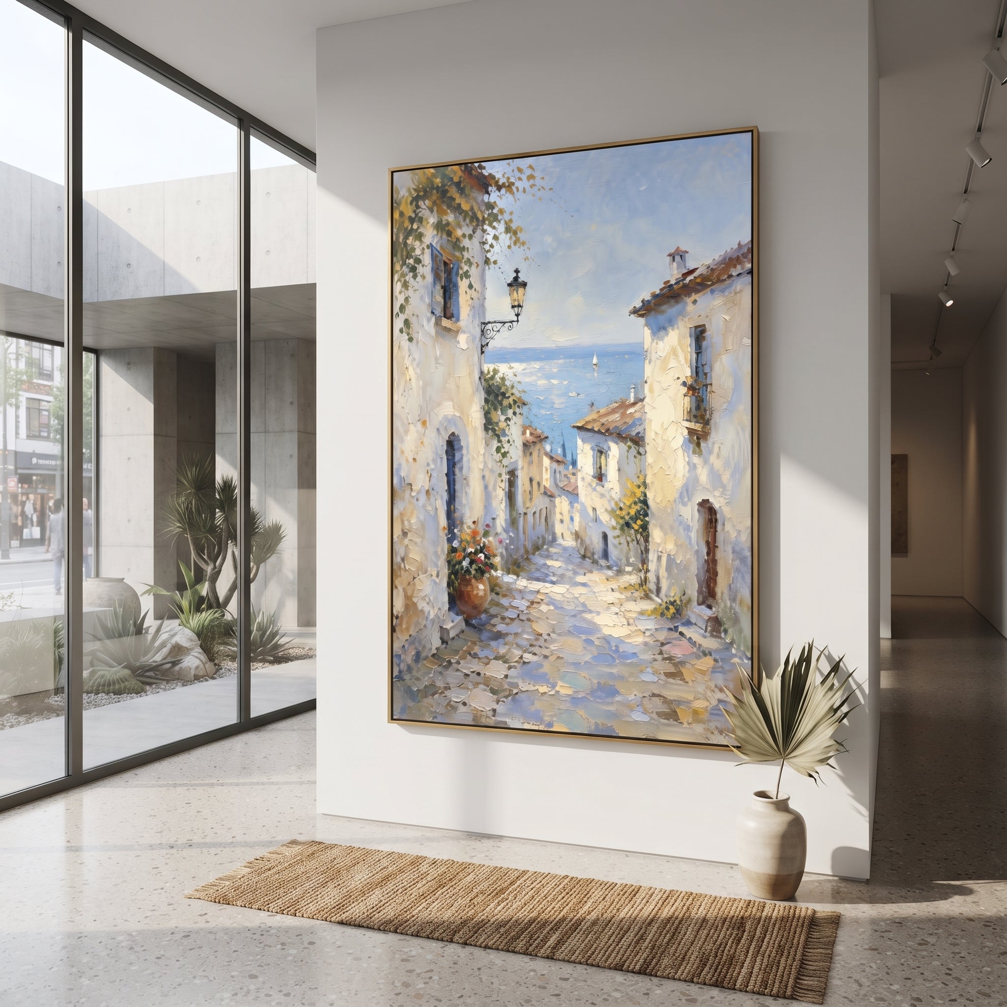 "Blue Cliffside Bay Painting" focuses on atmosphere, surface movement, and sculptural heavy impasto craftsmanship rather than a fixed literal storyline. The composition uses this hand-painted Mediterranean canvas features steep coastal cliffs, hillside village, deep blue water, floral foreground, textured sky, built with raised palette-knife texture, layered brushwork, and luminous coastal color as the visual anchor, while layered palette-knife paint, raised plaster-like texture, and softened