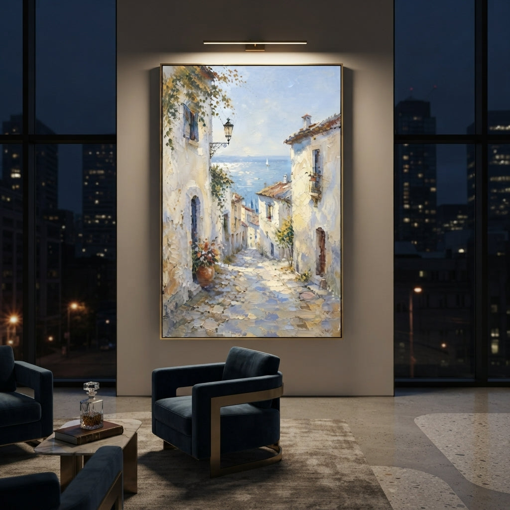 "Blue Cliffside Bay Painting" focuses on atmosphere, surface movement, and sculptural heavy impasto craftsmanship rather than a fixed literal storyline. The composition uses this hand-painted Mediterranean canvas features steep coastal cliffs, hillside village, deep blue water, floral foreground, textured sky, built with raised palette-knife texture, layered brushwork, and luminous coastal color as the visual anchor, while layered palette-knife paint, raised plaster-like texture, and softened