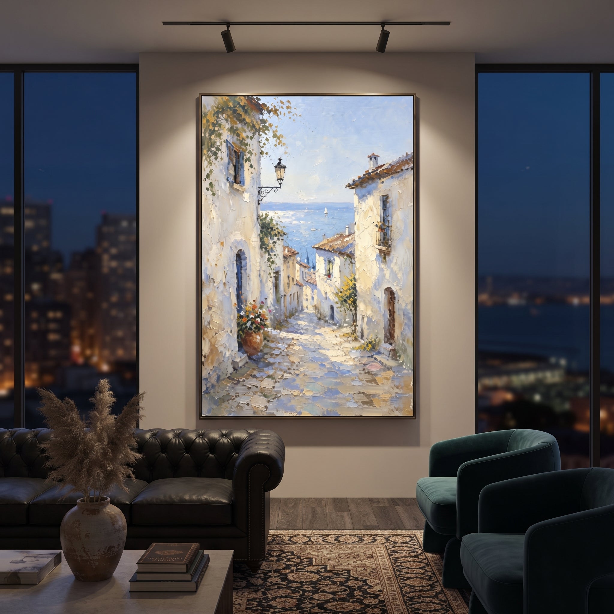 "Blue Cliffside Bay Painting" focuses on atmosphere, surface movement, and sculptural heavy impasto craftsmanship rather than a fixed literal storyline. The composition uses this hand-painted Mediterranean canvas features steep coastal cliffs, hillside village, deep blue water, floral foreground, textured sky, built with raised palette-knife texture, layered brushwork, and luminous coastal color as the visual anchor, while layered palette-knife paint, raised plaster-like texture, and softened