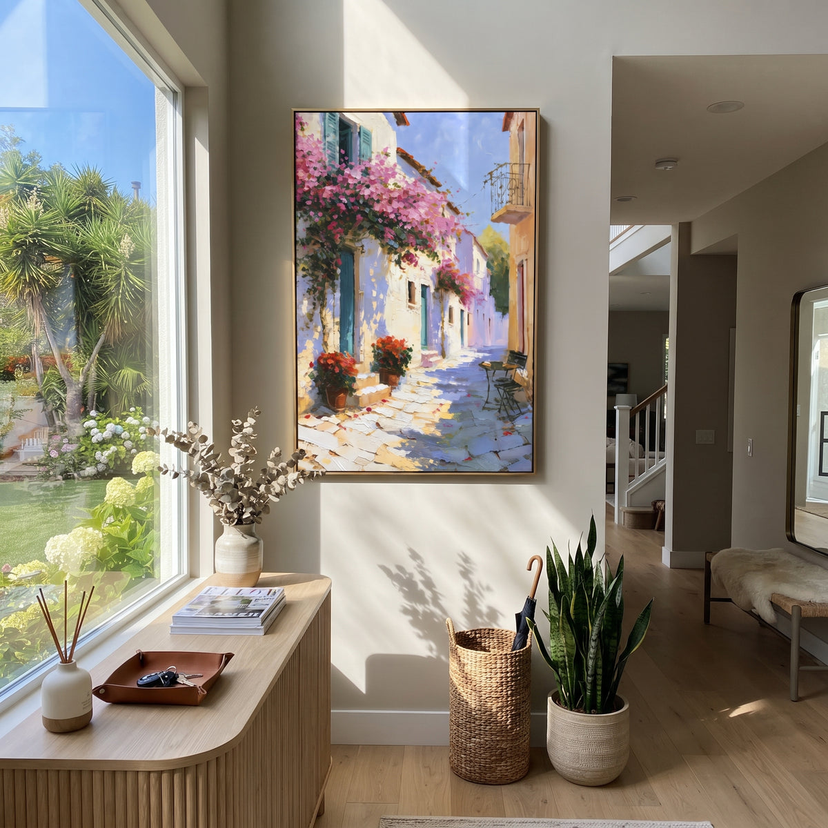 "Sunlit White Village Painting" focuses on atmosphere, surface movement, and sculptural heavy impasto craftsmanship rather than a fixed literal storyline. The composition uses this hand-painted Mediterranean canvas features white Mediterranean alley, terracotta roofs, potted flowers, distant sea and mountain light, built with raised palette-knife texture, layered brushwork, and luminous coastal color as the visual anchor, while layered palette-knife paint, raised plaster-like texture, and