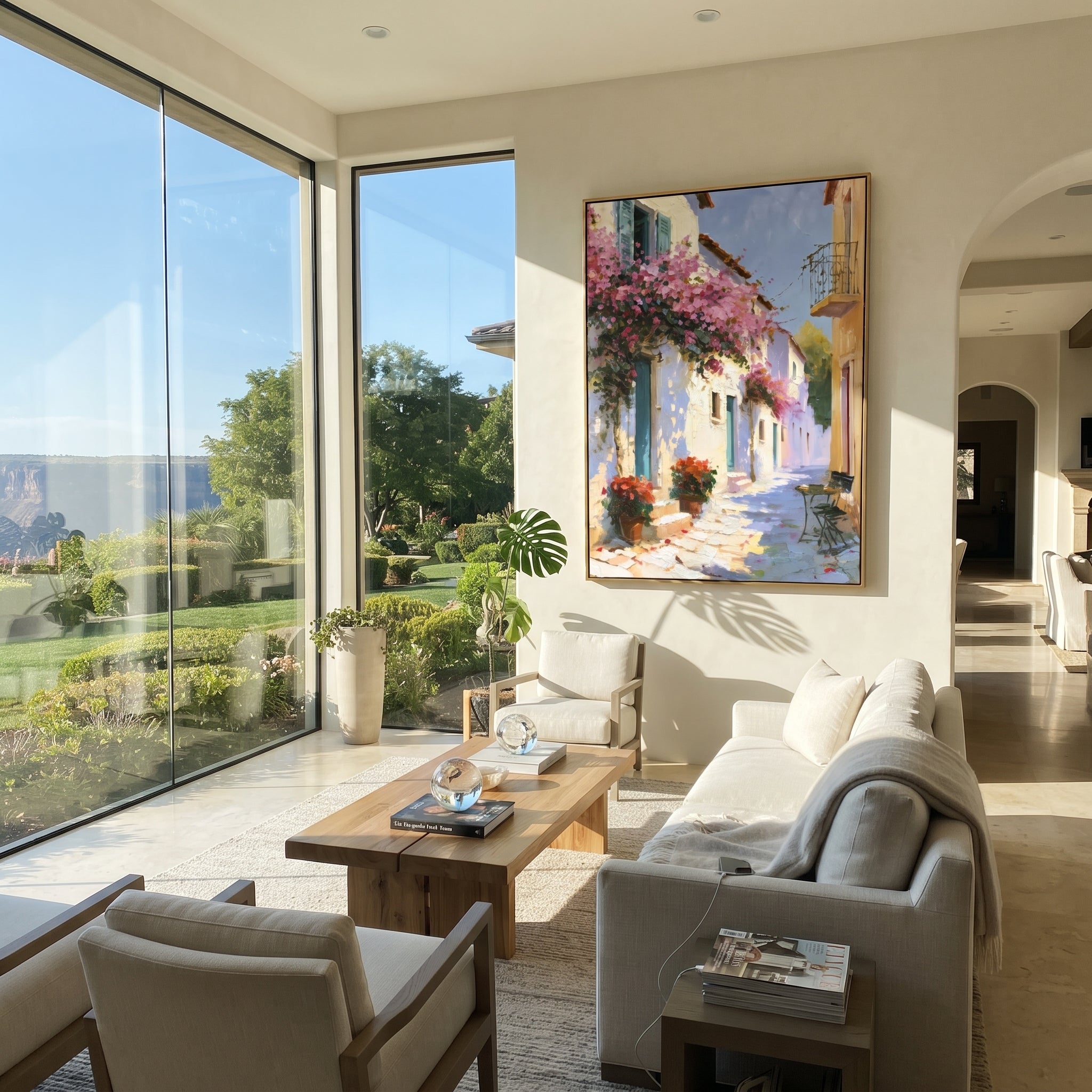"Sunlit White Village Painting" focuses on atmosphere, surface movement, and sculptural heavy impasto craftsmanship rather than a fixed literal storyline. The composition uses this hand-painted Mediterranean canvas features white Mediterranean alley, terracotta roofs, potted flowers, distant sea and mountain light, built with raised palette-knife texture, layered brushwork, and luminous coastal color as the visual anchor, while layered palette-knife paint, raised plaster-like texture, and