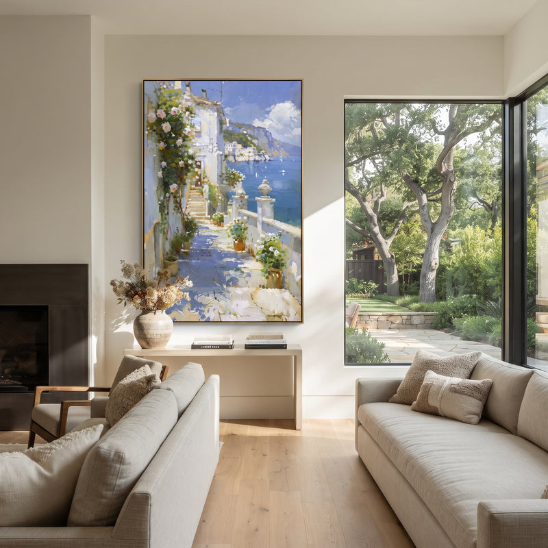 "Blue Bay Flower Garden Painting" - Modern Heavy Impasto Coastal Landscape | Blue & Pink Palette Knife Painting | Luxury Vertical Wall Art #PT 1584