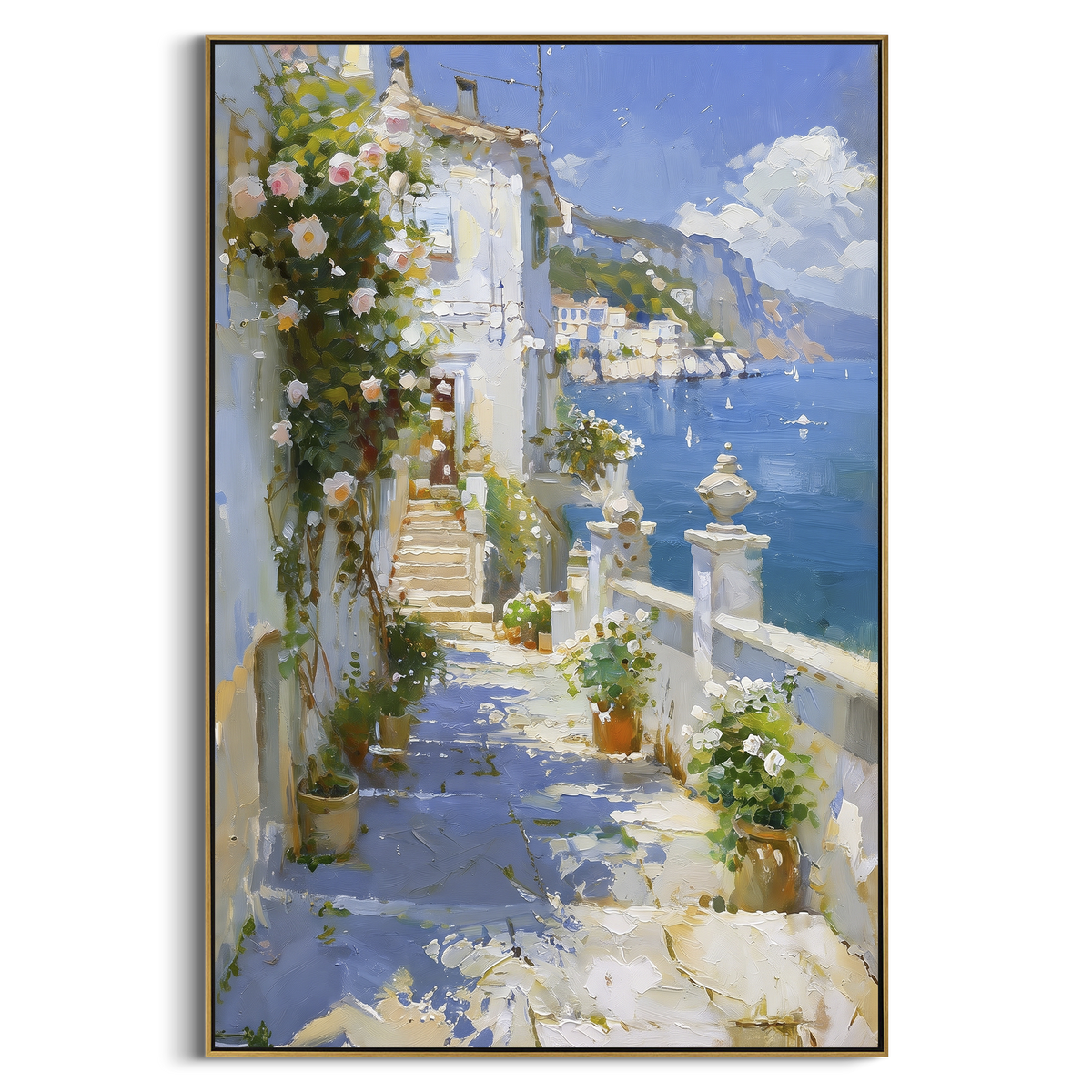"Blue Bay Flower Garden Painting" - Modern Heavy Impasto Coastal Landscape | Blue & Pink Palette Knife Painting | Luxury Vertical Wall Art #PT 1584