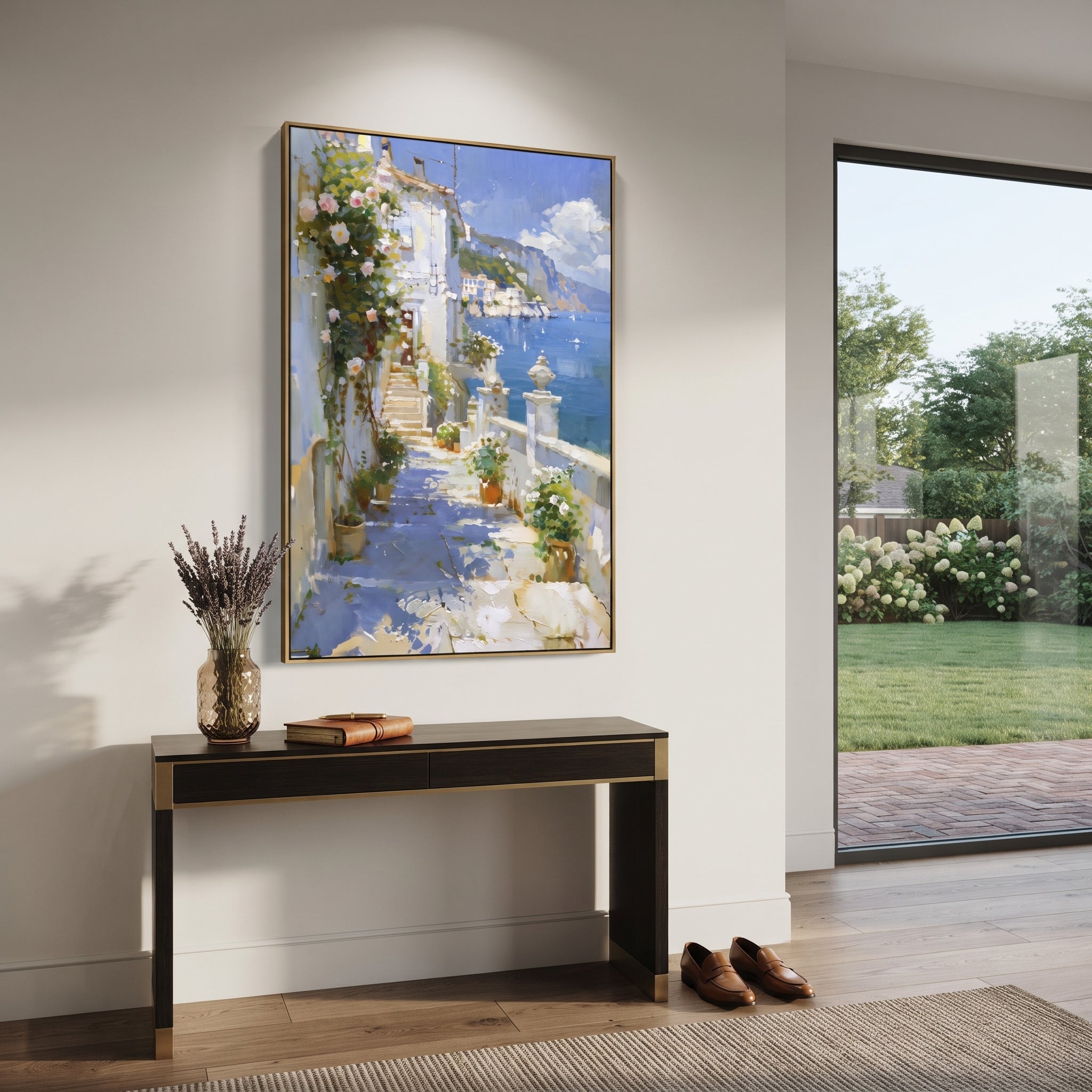 "Blue Bay Flower Garden Painting" focuses on atmosphere, surface movement, and sculptural heavy impasto craftsmanship rather than a fixed literal storyline. The composition uses this hand-painted Mediterranean canvas features sailboats on a blue bay, flowering terrace, coastal town and luminous summer sky, built with raised palette-knife texture, layered brushwork, and luminous coastal color as the visual anchor, while layered palette-knife paint, raised plaster-like texture, and softened brush