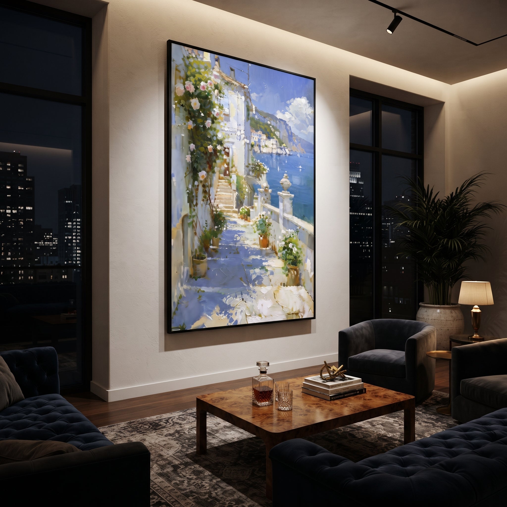 "Blue Bay Flower Garden Painting" focuses on atmosphere, surface movement, and sculptural heavy impasto craftsmanship rather than a fixed literal storyline. The composition uses this hand-painted Mediterranean canvas features sailboats on a blue bay, flowering terrace, coastal town and luminous summer sky, built with raised palette-knife texture, layered brushwork, and luminous coastal color as the visual anchor, while layered palette-knife paint, raised plaster-like texture, and softened brush