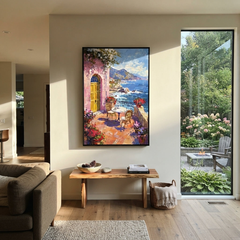 "Coastal Mountain Town Painting" focuses on atmosphere, surface movement, and sculptural heavy impasto craftsmanship rather than a fixed literal storyline. The composition uses this hand-painted Mediterranean canvas features coastal mountains, small village rooftops, winding shore, blue bay and garden accents, built with raised palette-knife texture, layered brushwork, and luminous coastal color as the visual anchor, while layered palette-knife paint, raised plaster-like texture, and softened