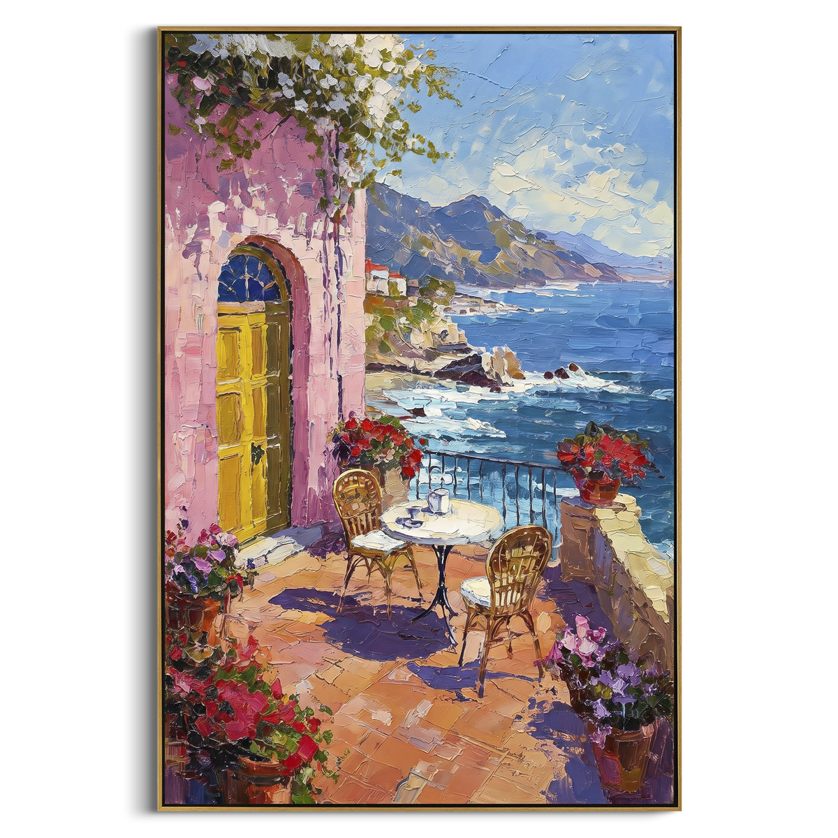 "Coastal Mountain Town Painting" - Modern Heavy Impasto Coastal Landscape | Blue & Green Palette Knife Painting | Luxury Vertical Wall Art #PT 1585