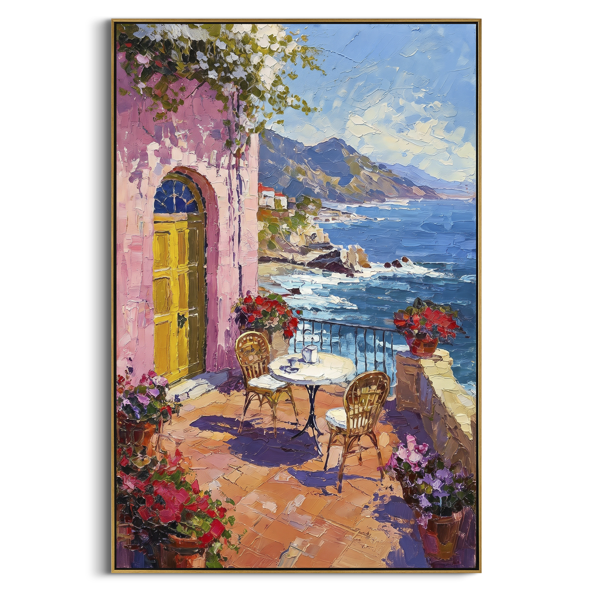 "Coastal Mountain Town Painting" focuses on atmosphere, surface movement, and sculptural heavy impasto craftsmanship rather than a fixed literal storyline. The composition uses this hand-painted Mediterranean canvas features coastal mountains, small village rooftops, winding shore, blue bay and garden accents, built with raised palette-knife texture, layered brushwork, and luminous coastal color as the visual anchor, while layered palette-knife paint, raised plaster-like texture, and softened