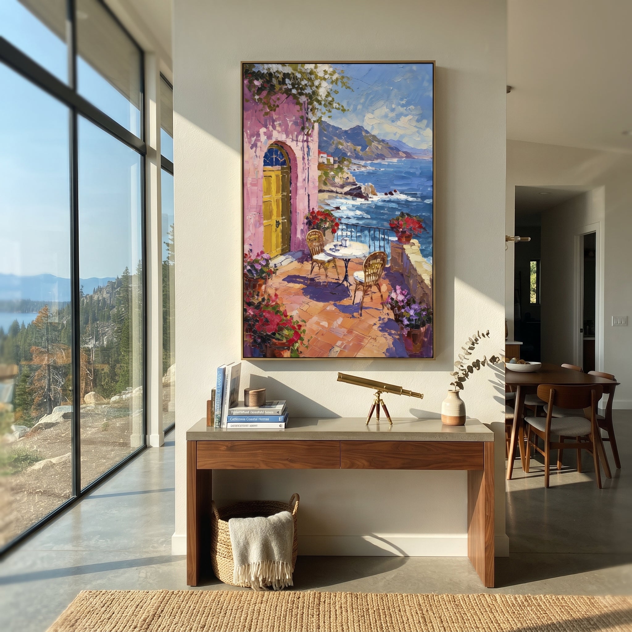 "Coastal Mountain Town Painting" focuses on atmosphere, surface movement, and sculptural heavy impasto craftsmanship rather than a fixed literal storyline. The composition uses this hand-painted Mediterranean canvas features coastal mountains, small village rooftops, winding shore, blue bay and garden accents, built with raised palette-knife texture, layered brushwork, and luminous coastal color as the visual anchor, while layered palette-knife paint, raised plaster-like texture, and softened