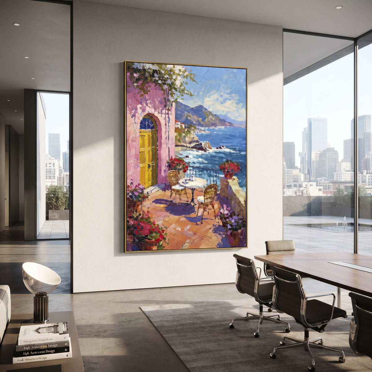 "Coastal Mountain Town Painting" focuses on atmosphere, surface movement, and sculptural heavy impasto craftsmanship rather than a fixed literal storyline. The composition uses this hand-painted Mediterranean canvas features coastal mountains, small village rooftops, winding shore, blue bay and garden accents, built with raised palette-knife texture, layered brushwork, and luminous coastal color as the visual anchor, while layered palette-knife paint, raised plaster-like texture, and softened