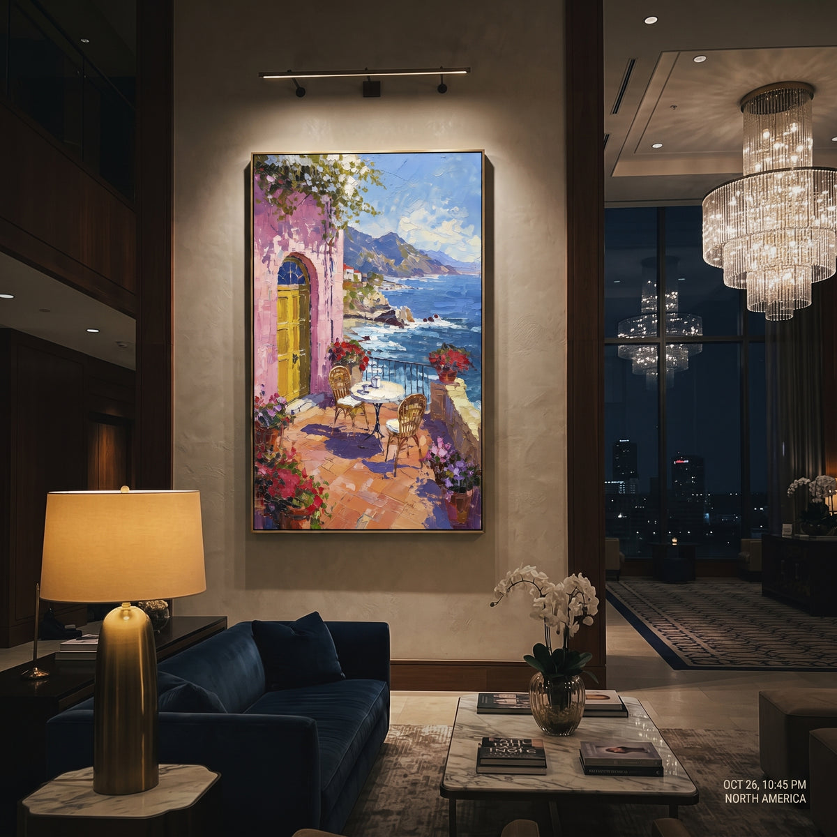 "Coastal Mountain Town Painting" focuses on atmosphere, surface movement, and sculptural heavy impasto craftsmanship rather than a fixed literal storyline. The composition uses this hand-painted Mediterranean canvas features coastal mountains, small village rooftops, winding shore, blue bay and garden accents, built with raised palette-knife texture, layered brushwork, and luminous coastal color as the visual anchor, while layered palette-knife paint, raised plaster-like texture, and softened