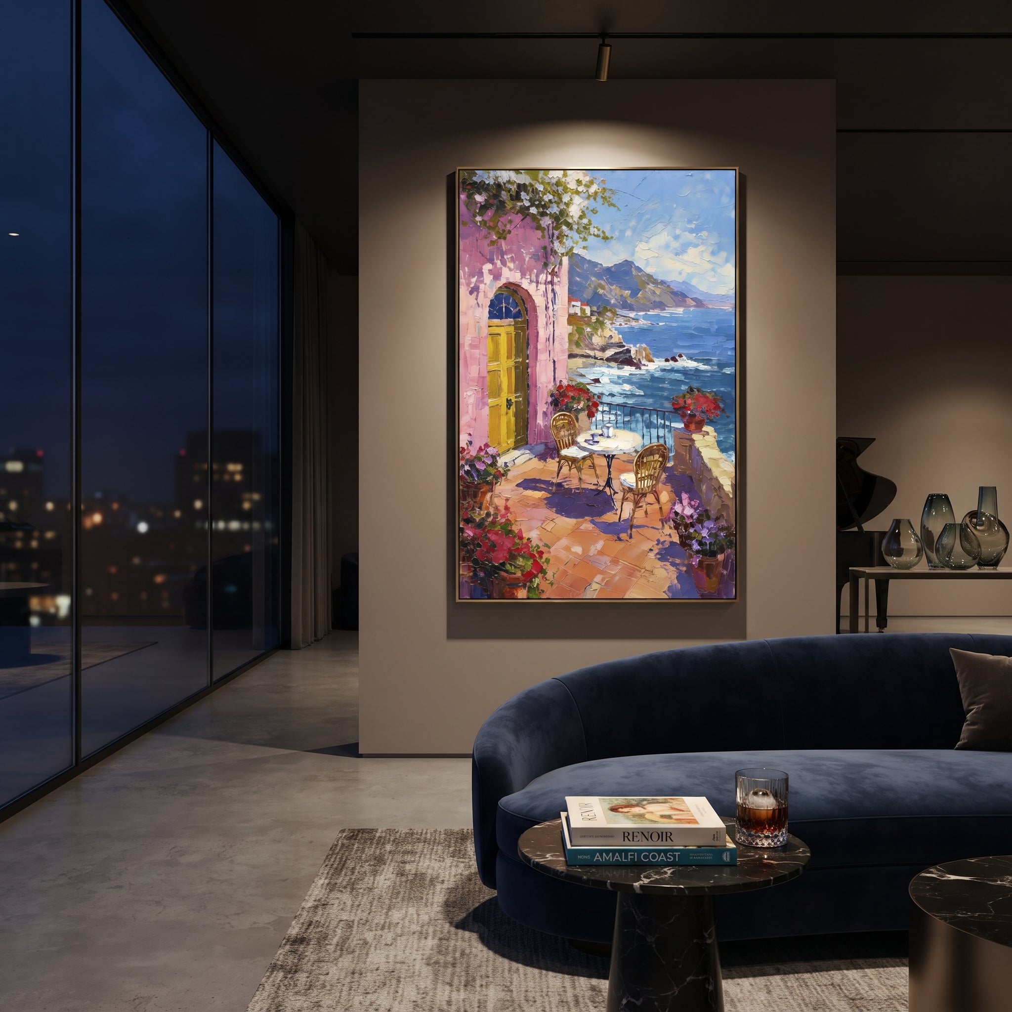 "Coastal Mountain Town Painting" focuses on atmosphere, surface movement, and sculptural heavy impasto craftsmanship rather than a fixed literal storyline. The composition uses this hand-painted Mediterranean canvas features coastal mountains, small village rooftops, winding shore, blue bay and garden accents, built with raised palette-knife texture, layered brushwork, and luminous coastal color as the visual anchor, while layered palette-knife paint, raised plaster-like texture, and softened