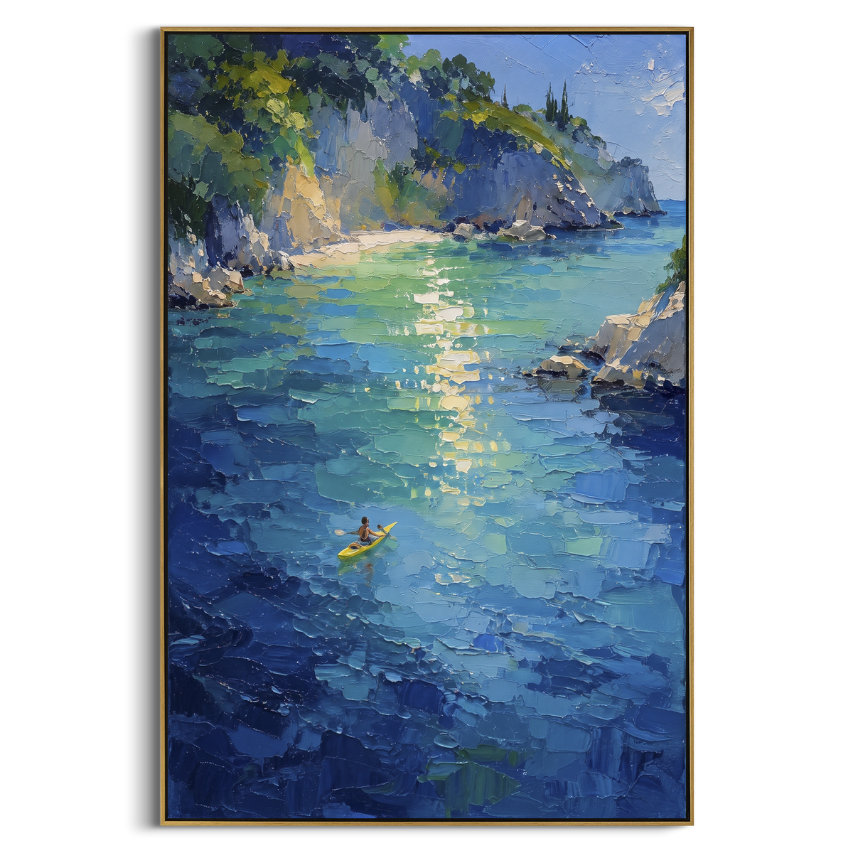 "Azure Mediterranean Cove Painting" - Modern Heavy Impasto Coastal Landscape | Blue & Green Palette Knife Painting | Luxury Vertical Wall Art #PT 1586