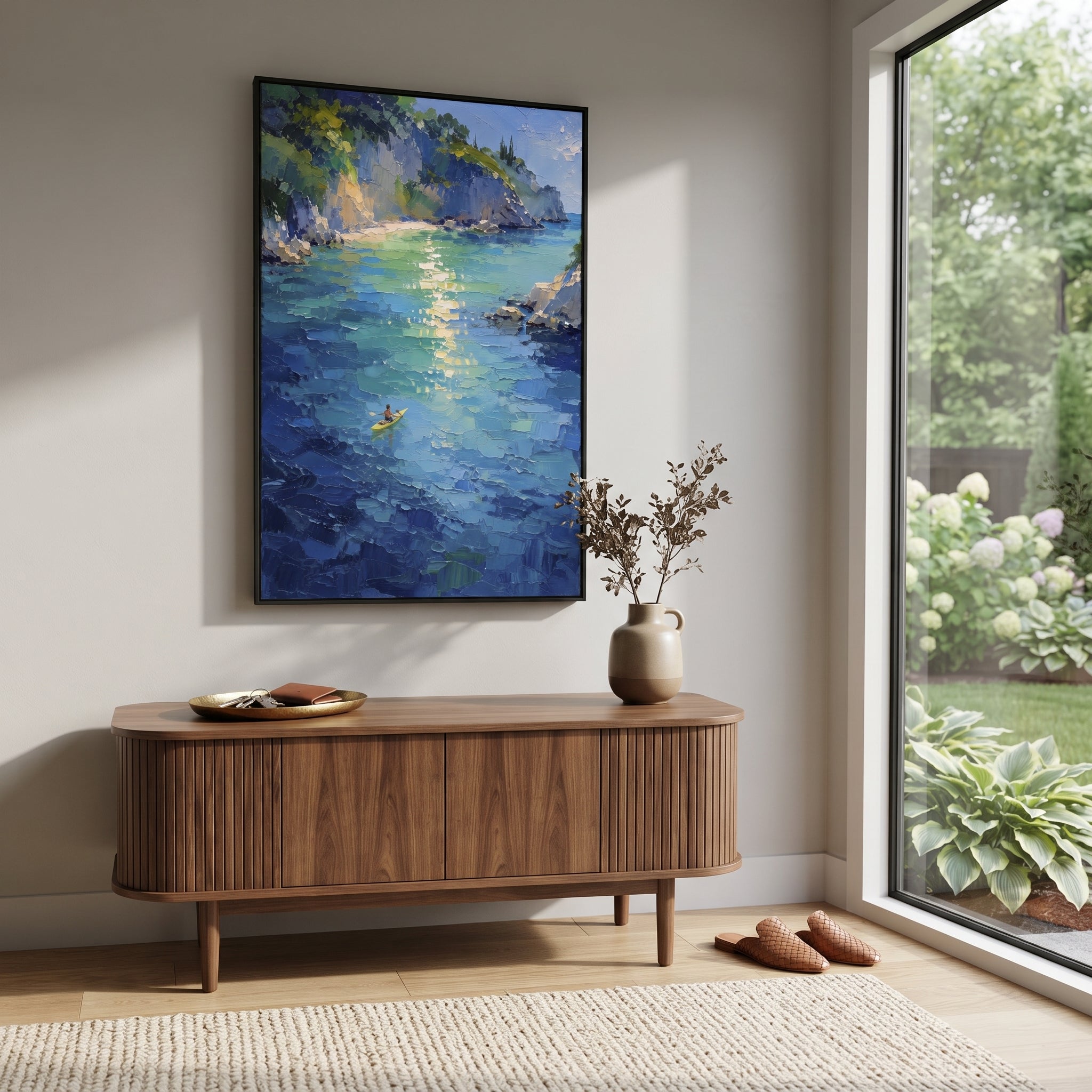 "Azure Mediterranean Cove Painting" focuses on atmosphere, surface movement, and sculptural heavy impasto craftsmanship rather than a fixed literal storyline. The composition uses this hand-painted Mediterranean canvas features clear turquoise cove, rocky shoreline, mountain coast, sun flecks over water, built with raised palette-knife texture, layered brushwork, and luminous coastal color as the visual anchor, while layered palette-knife paint, raised plaster-like texture, and softened brush