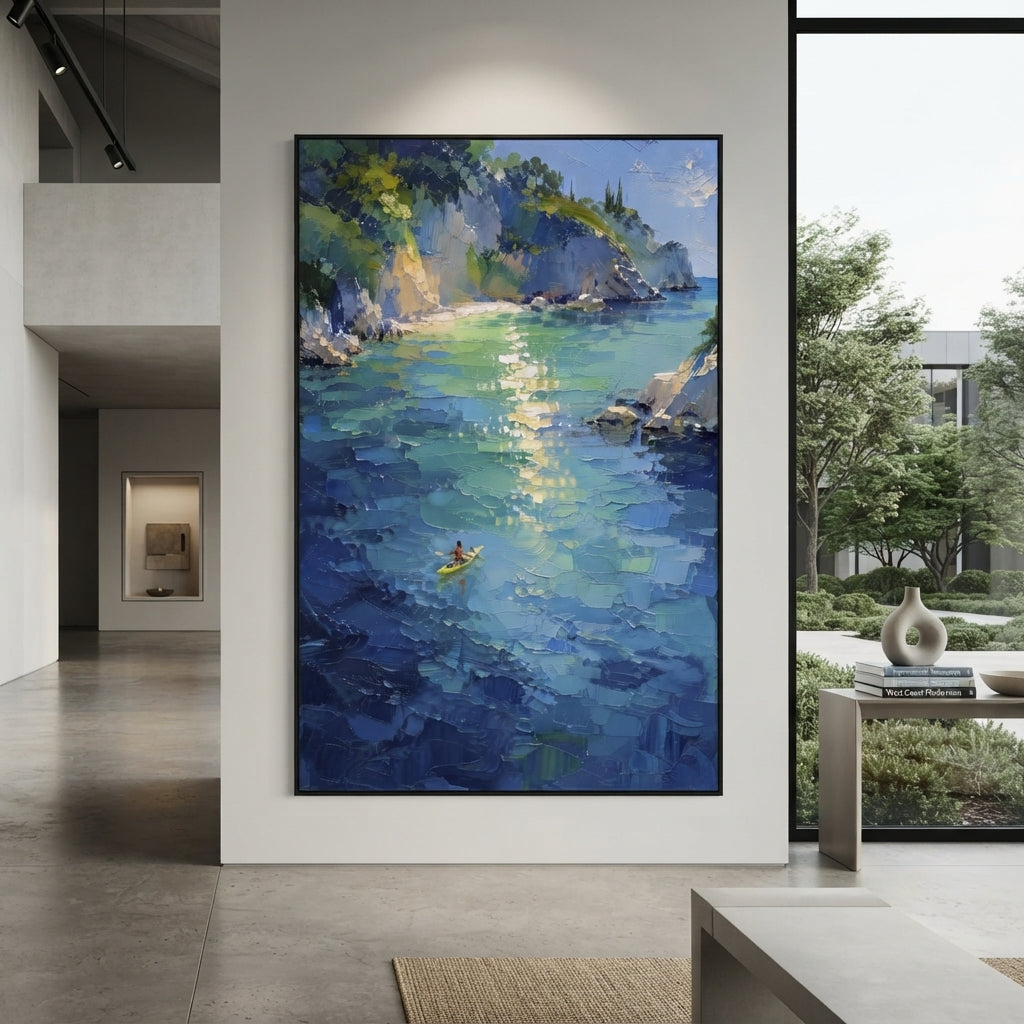 "Azure Mediterranean Cove Painting" focuses on atmosphere, surface movement, and sculptural heavy impasto craftsmanship rather than a fixed literal storyline. The composition uses this hand-painted Mediterranean canvas features clear turquoise cove, rocky shoreline, mountain coast, sun flecks over water, built with raised palette-knife texture, layered brushwork, and luminous coastal color as the visual anchor, while layered palette-knife paint, raised plaster-like texture, and softened brush