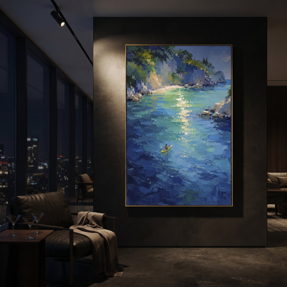 "Azure Mediterranean Cove Painting" focuses on atmosphere, surface movement, and sculptural heavy impasto craftsmanship rather than a fixed literal storyline. The composition uses this hand-painted Mediterranean canvas features clear turquoise cove, rocky shoreline, mountain coast, sun flecks over water, built with raised palette-knife texture, layered brushwork, and luminous coastal color as the visual anchor, while layered palette-knife paint, raised plaster-like texture, and softened brush