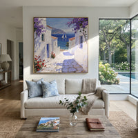 "White Terrace Sea View Painting" focuses on atmosphere, surface movement, and sculptural heavy impasto craftsmanship rather than a fixed literal storyline. The composition uses this hand-painted Mediterranean canvas features white stucco terrace, blue doors, potted blooms, open view toward the Mediterranean, built with raised palette-knife texture, layered brushwork, and luminous coastal color as the visual anchor, while layered palette-knife paint, raised plaster-like texture, and softened
