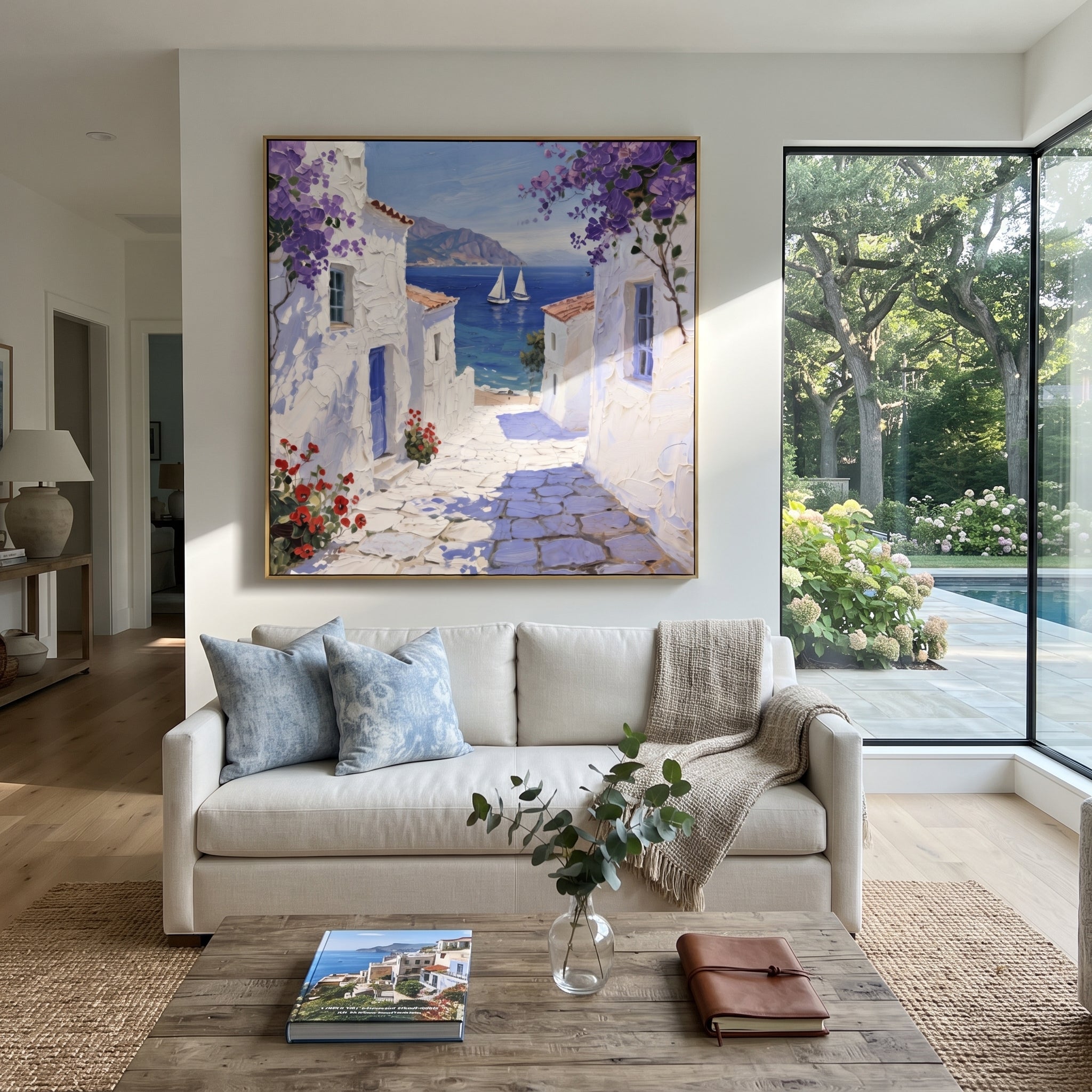 "White Terrace Sea View Painting" focuses on atmosphere, surface movement, and sculptural heavy impasto craftsmanship rather than a fixed literal storyline. The composition uses this hand-painted Mediterranean canvas features white stucco terrace, blue doors, potted blooms, open view toward the Mediterranean, built with raised palette-knife texture, layered brushwork, and luminous coastal color as the visual anchor, while layered palette-knife paint, raised plaster-like texture, and softened