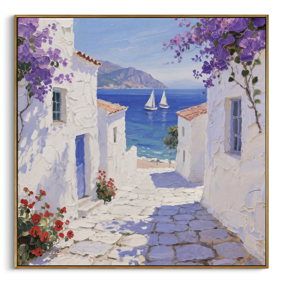 "White Terrace Sea View Painting" - Modern Heavy Impasto Coastal Landscape | White & Blue Palette Knife Painting | Luxury Square Wall Art #PT 1587