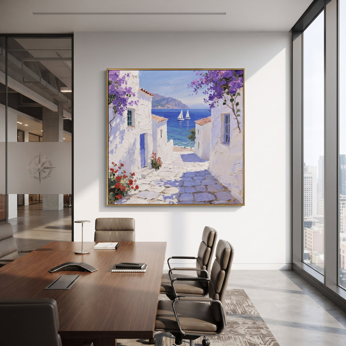 "White Terrace Sea View Painting" focuses on atmosphere, surface movement, and sculptural heavy impasto craftsmanship rather than a fixed literal storyline. The composition uses this hand-painted Mediterranean canvas features white stucco terrace, blue doors, potted blooms, open view toward the Mediterranean, built with raised palette-knife texture, layered brushwork, and luminous coastal color as the visual anchor, while layered palette-knife paint, raised plaster-like texture, and softened