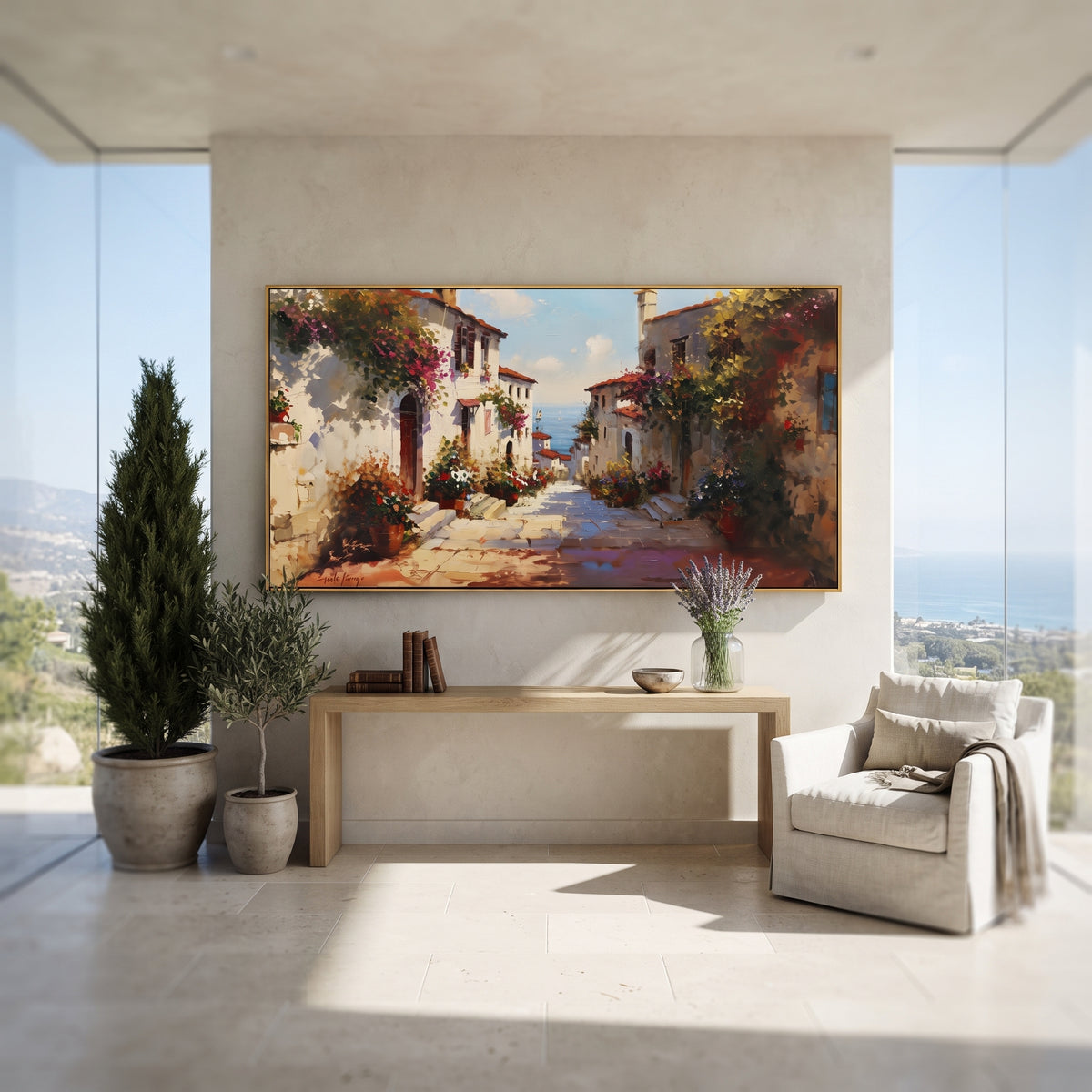 "Seaside Village Harbor Painting" focuses on atmosphere, surface movement, and sculptural heavy impasto craftsmanship rather than a fixed literal storyline. The composition uses this hand-painted Mediterranean canvas features colorful waterfront houses, moored boats, shimmering blue harbor reflections, pastel sky, built with raised palette-knife texture, layered brushwork, and luminous coastal color as the visual anchor, while layered palette-knife paint, raised plaster-like texture, and