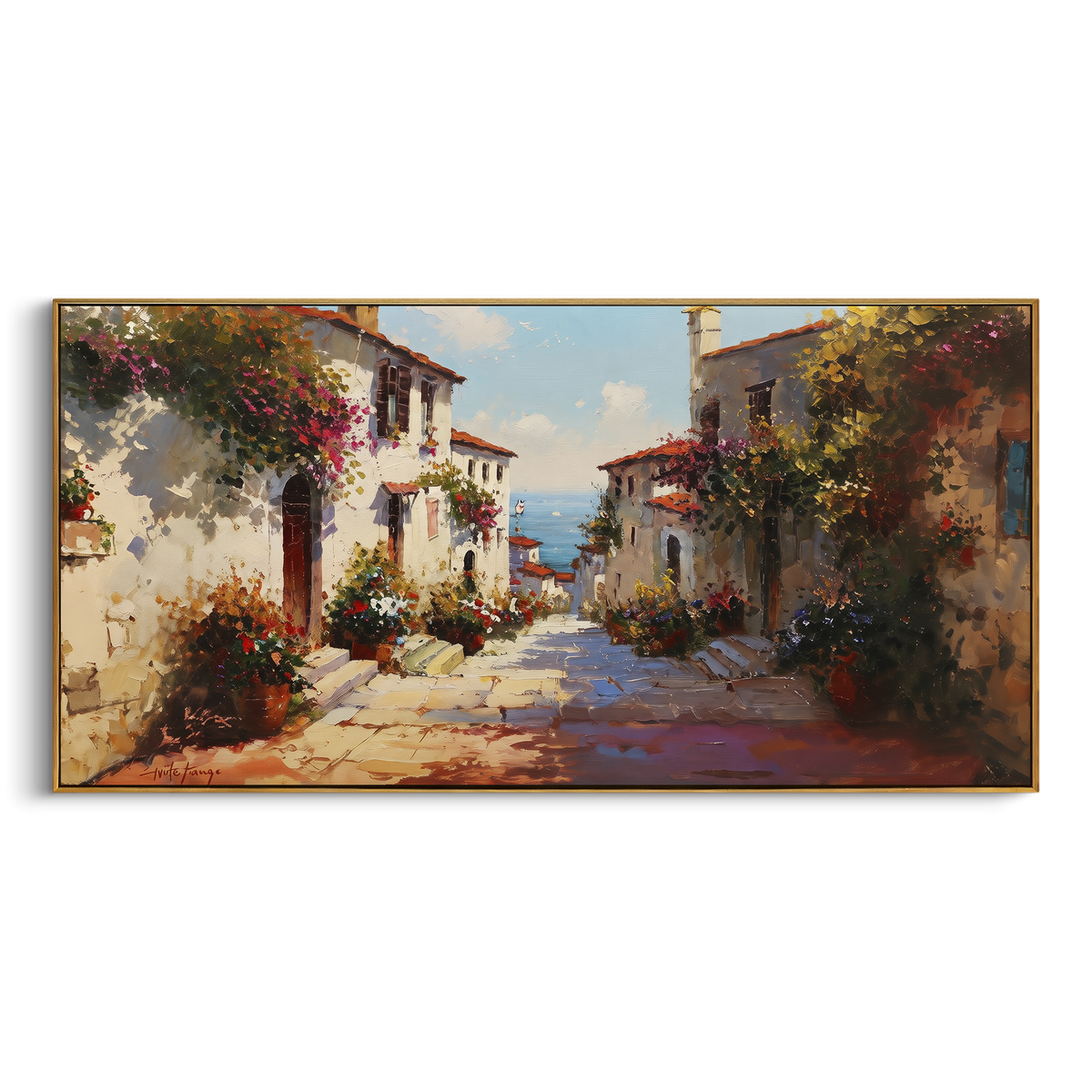 "Seaside Village Harbor Painting" - Modern Heavy Impasto Coastal Landscape | Blue & Orange Palette Knife Painting | Luxury Horizontal Wall Art #PT 1588
