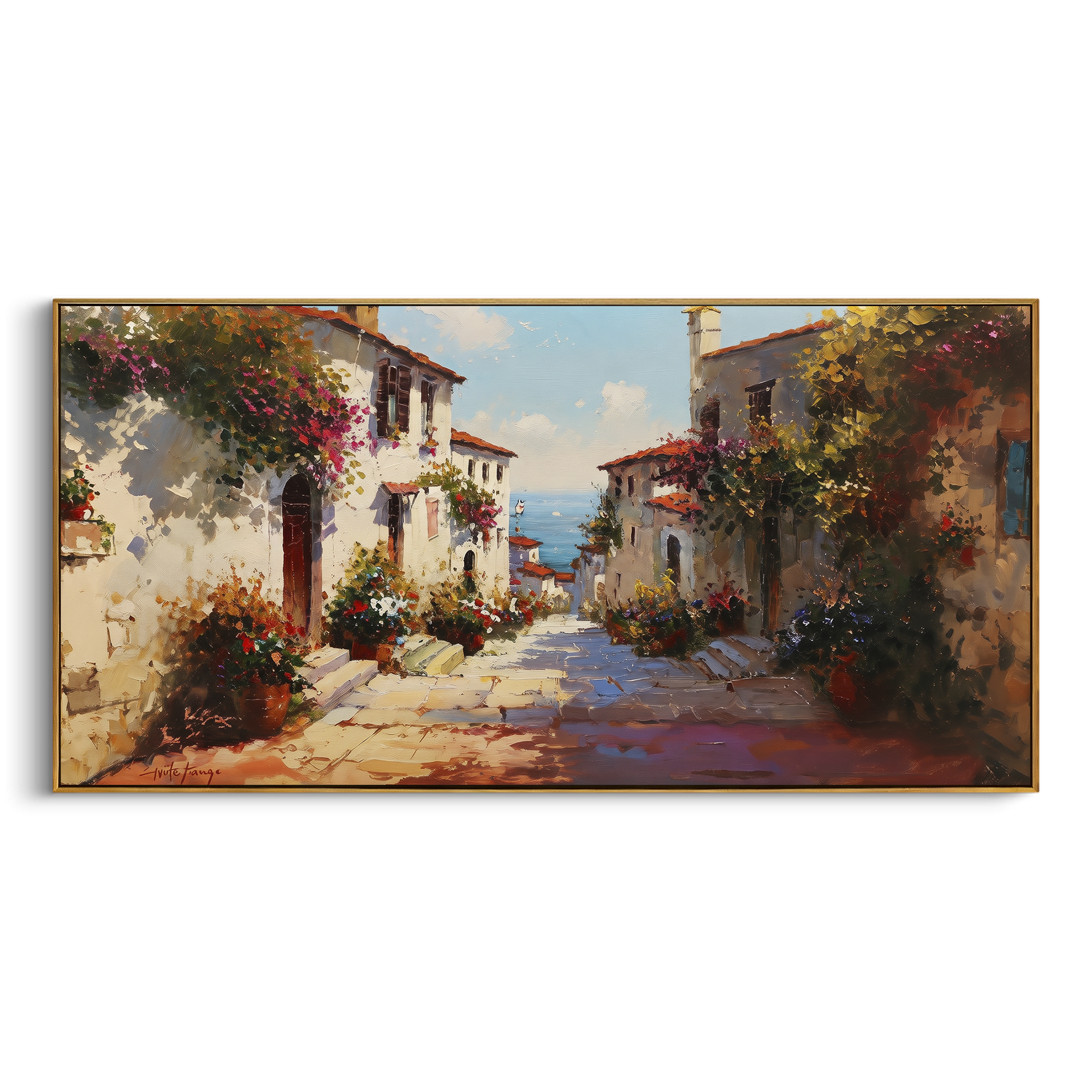 "Seaside Village Harbor Painting" focuses on atmosphere, surface movement, and sculptural heavy impasto craftsmanship rather than a fixed literal storyline. The composition uses this hand-painted Mediterranean canvas features colorful waterfront houses, moored boats, shimmering blue harbor reflections, pastel sky, built with raised palette-knife texture, layered brushwork, and luminous coastal color as the visual anchor, while layered palette-knife paint, raised plaster-like texture, and
