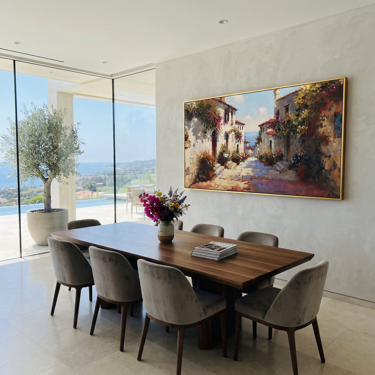 "Seaside Village Harbor Painting" focuses on atmosphere, surface movement, and sculptural heavy impasto craftsmanship rather than a fixed literal storyline. The composition uses this hand-painted Mediterranean canvas features colorful waterfront houses, moored boats, shimmering blue harbor reflections, pastel sky, built with raised palette-knife texture, layered brushwork, and luminous coastal color as the visual anchor, while layered palette-knife paint, raised plaster-like texture, and