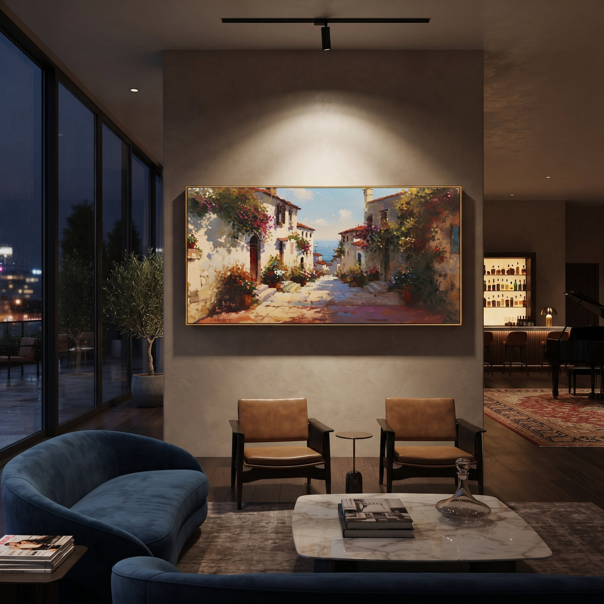 "Seaside Village Harbor Painting" focuses on atmosphere, surface movement, and sculptural heavy impasto craftsmanship rather than a fixed literal storyline. The composition uses this hand-painted Mediterranean canvas features colorful waterfront houses, moored boats, shimmering blue harbor reflections, pastel sky, built with raised palette-knife texture, layered brushwork, and luminous coastal color as the visual anchor, while layered palette-knife paint, raised plaster-like texture, and